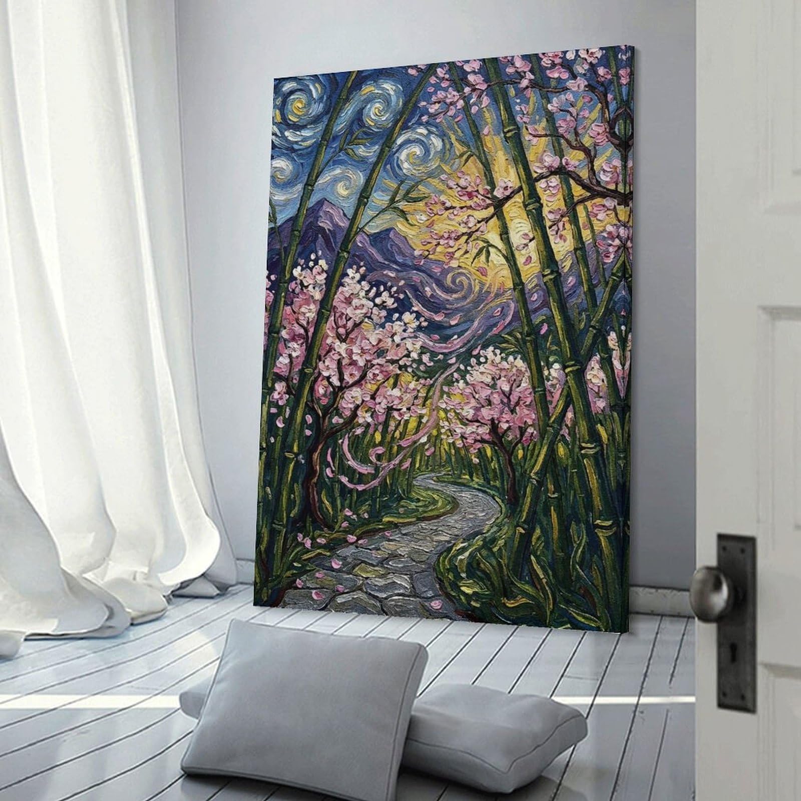 Junmoney Bamboo Forest with Cherry Blossoms Room Decor Wall Art 24x36inch(60x90cm), for Bedroom Walls, Guest Spaces Or Lounges, An Easy Wall Refresh for Bedrooms