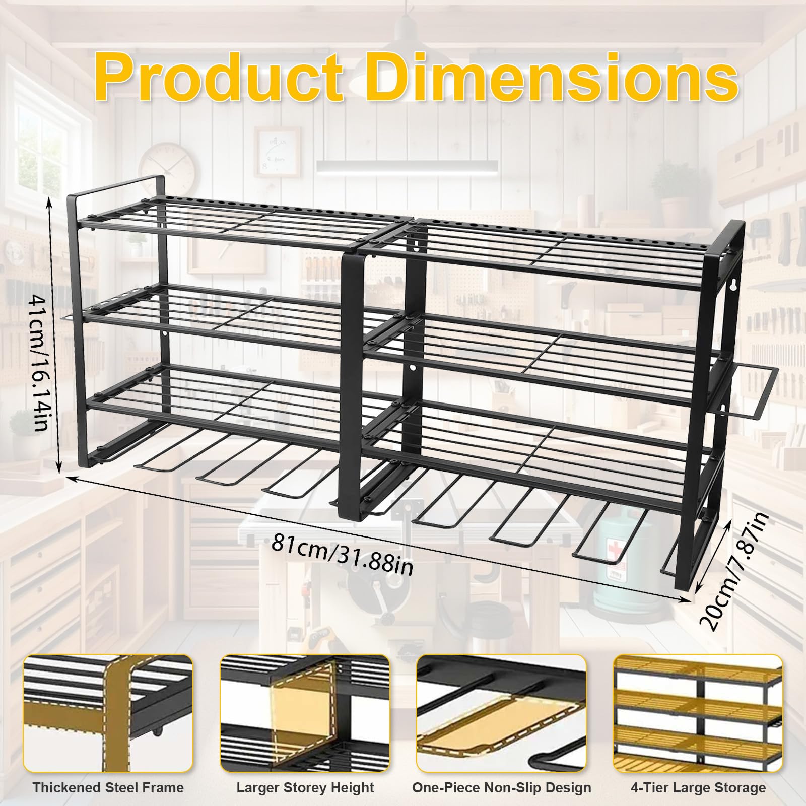 Supporto da parete a 4 livelli, organizer per utensili elettrici, trapani a batteria, robusto portautensili in metallo, 83,5 x 42 x 20 cm, nero, per garage, officina, cantina