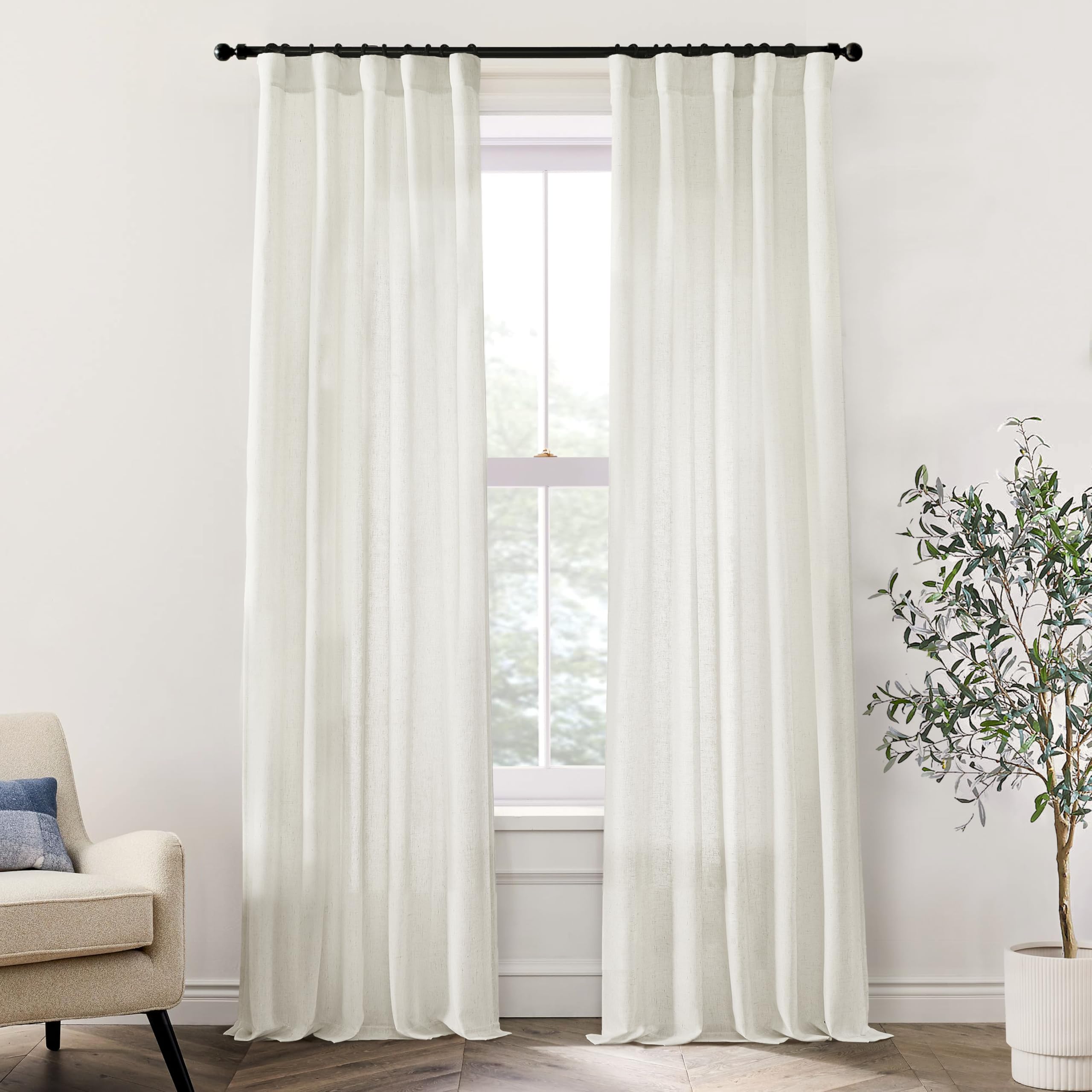 XTMYI 86 Inch Linen Curtains, Semi Sheer Light Filtering Boho Back Tab Pleated Rod Pocket Drapes for Living Room Bedroom, 40 x 86 inches Long 2 Panels Set, Cream Ivory