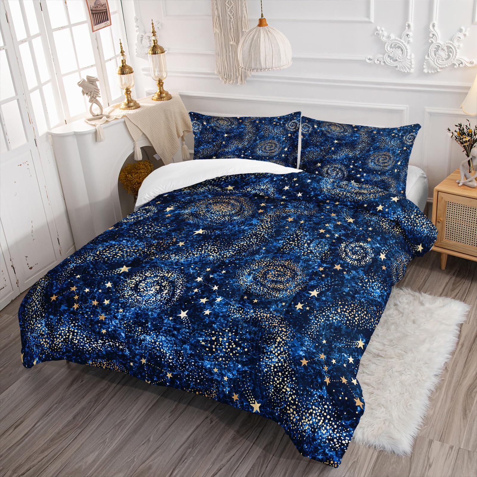 Nttopship Starry Sky Print Comforter Set Queen Size,Blue Starry Sky Golden Stars Bedding Set,Interstellar Printed Quilted Set for Teens Boys Adult,with 1 Comforter and 2 Pillow Case