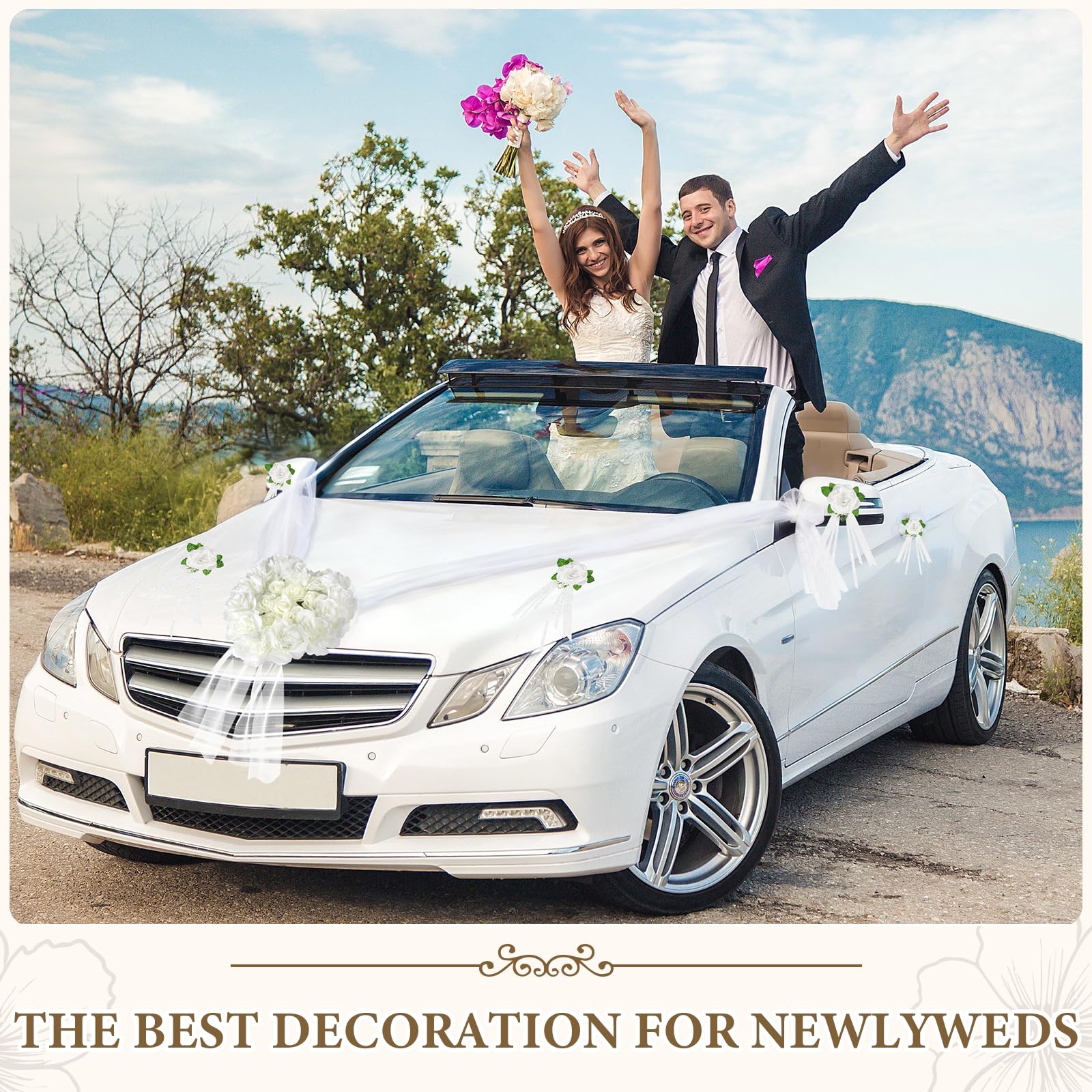 Décoration de Voiture en Forme de Cœur pour Mariage, Kit avec 1 Guirlande Cœur, 4 Fleurs pour Poignées de Porte, 2 Bandes de Tulle (1,8m) pour Enterrement de Vie de Jeune Fille & Cérémonie