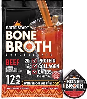 Brite Start Bone Broth - Beef Bone Broth - 12 Count - Keto Friendly Concentrate Packed with 16g Collagen, 20g Paleo Protein -Made from Grass Fed Beef Bones- Single Serve Packets