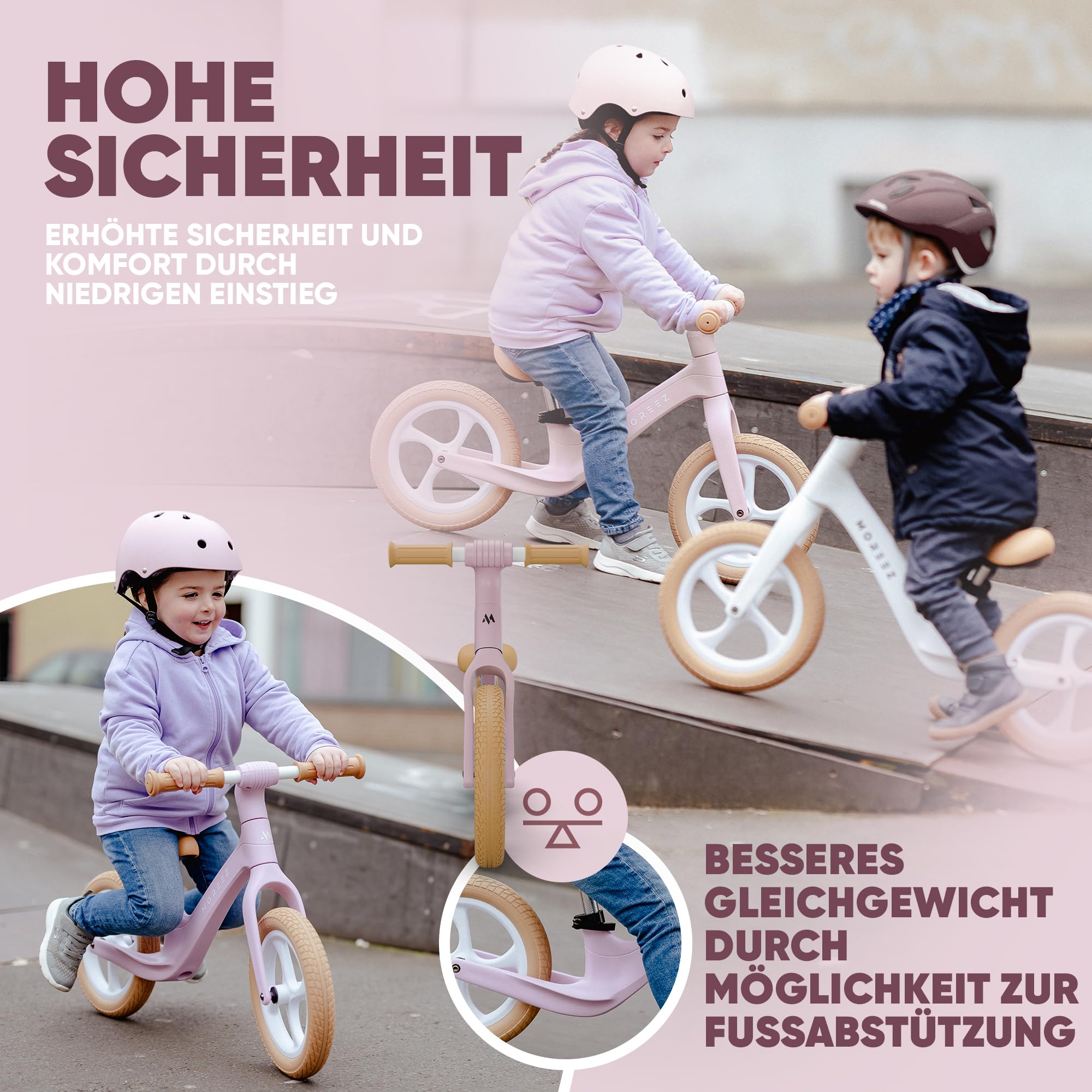 MOREEZ® Laufrad ab 2 Jahre [2-5 Jahre] Ultraleichtes Kinder-Laufrad mit Sturzschutz, Ergonomischer Sitz, 50Kg Pannensichere 12 Zoll Räder, rutschfeste Fußstütze, Höhenverstellbar Mädchen Junge