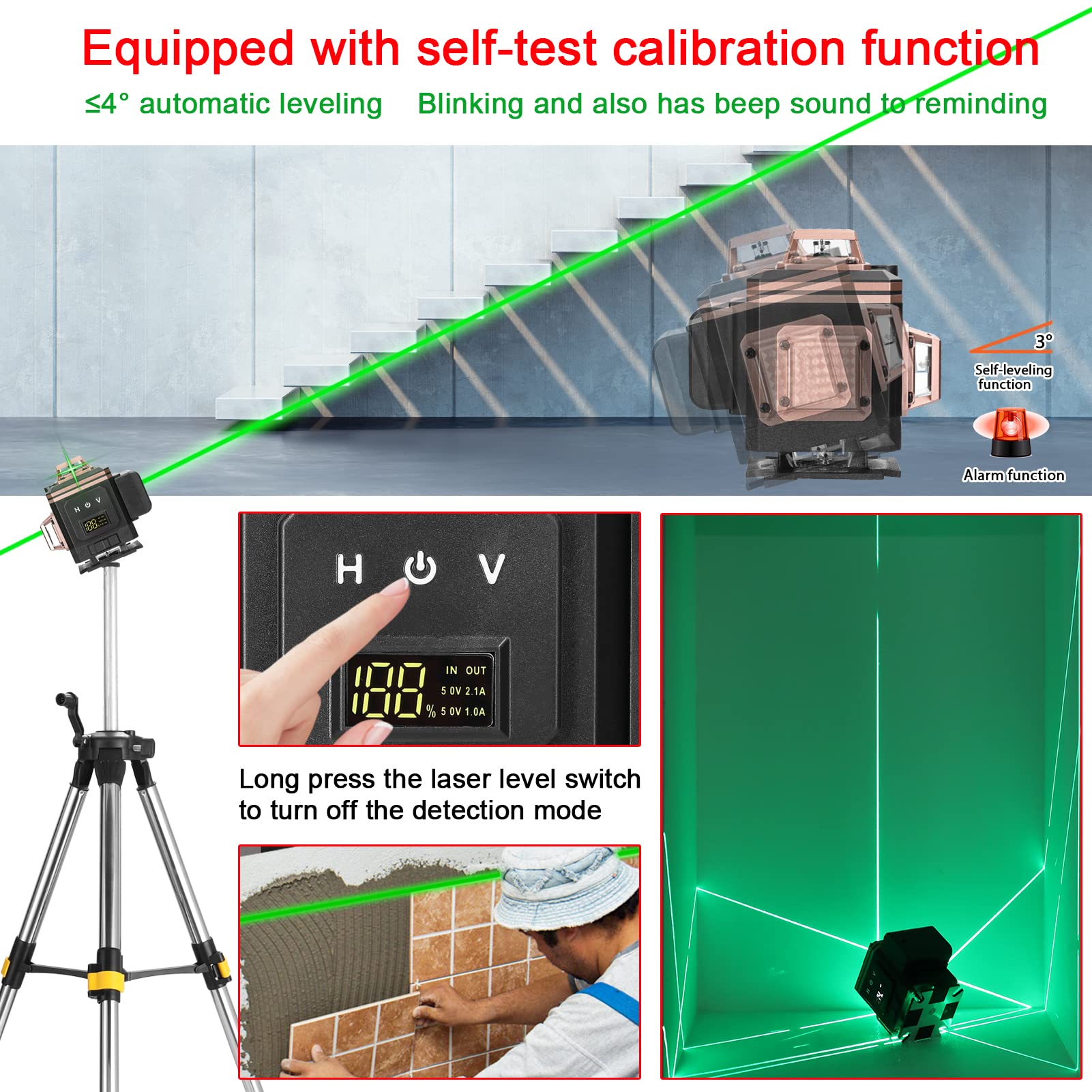 Niveau Laser 360° Geevorks Niveaux Laser 360 4D 16 Lignes Autonivelant 25m Lazer Niveaux Verte 520 Nm,1 * Batterie,Support Mural,Lignes Horizontales Verticales Avec Fonction d'Auto-Nivellement à ±3°
