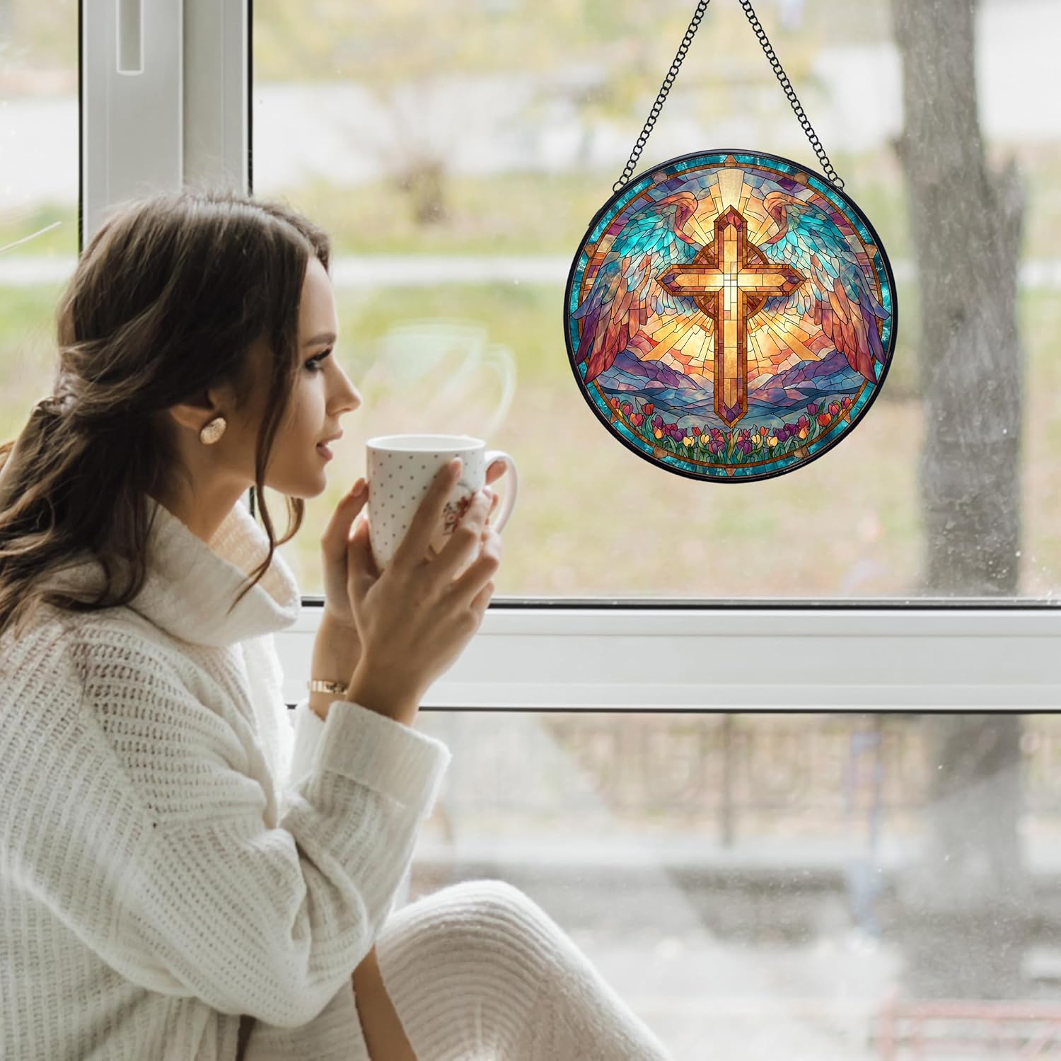 Cross Stained Glass Window Hanging Suncatchers, Christian Cross Sun Catchers Indoor Window Glass Wall Art Decor, Religious Biblical Wall Hanging Decorations Sculptures, 7.9x7.9in - Image 3
