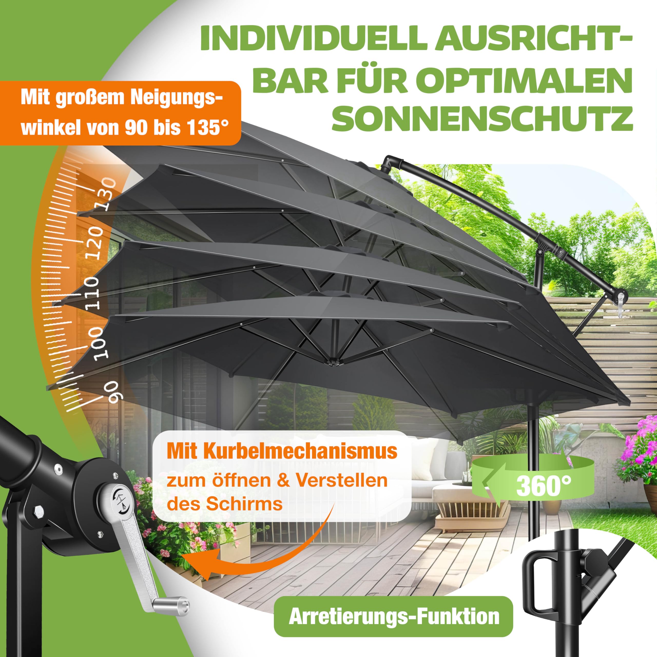 KESSER® Sonnenschirm Ø 350 cm, Ampelschirm mit Kurbel, für Balkon, Terrasse & Garten, Sonnenschutz, Gestell & Ständer aus Alu, UV-Schutz, wasserdicht + Windfest, 360° Funktion + Schutzhülle, Anthrazit