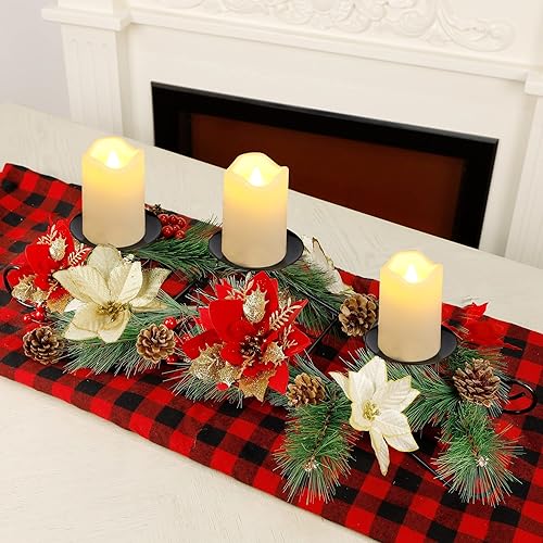 Joliyoou - Piezas centrales de mesa de Navidad, portavelas de Poinsettia de Navidad de 44.5 cm de largo con 3 luces de velas alimentadas por