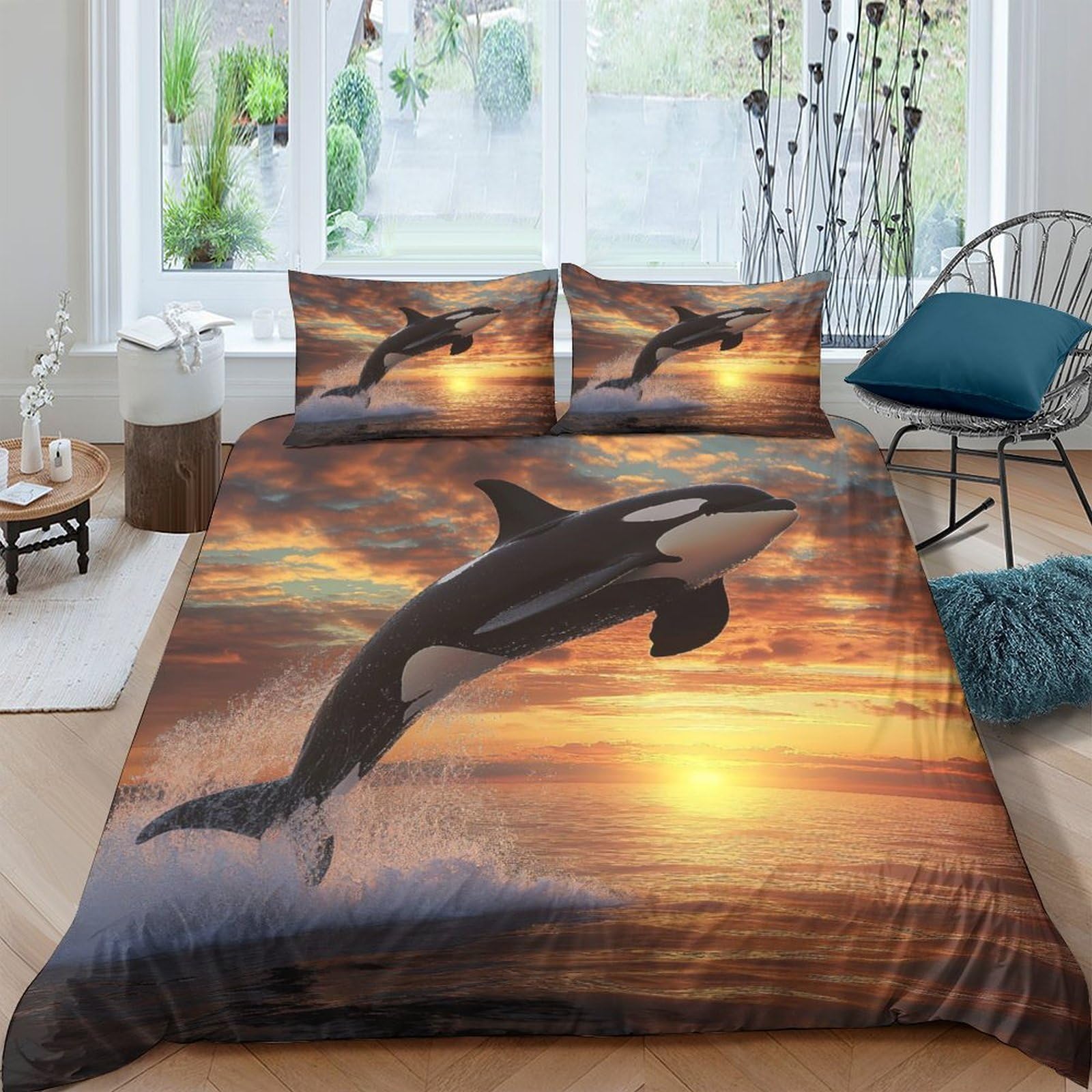Ctjqhvkz Style-2 3D Printed Orca Sunset Fitted Sheet Microfiber Soft Ocean Whale Bed Cover Anti-Slip For Bedroom Dorm Decor Single（135X200cm）