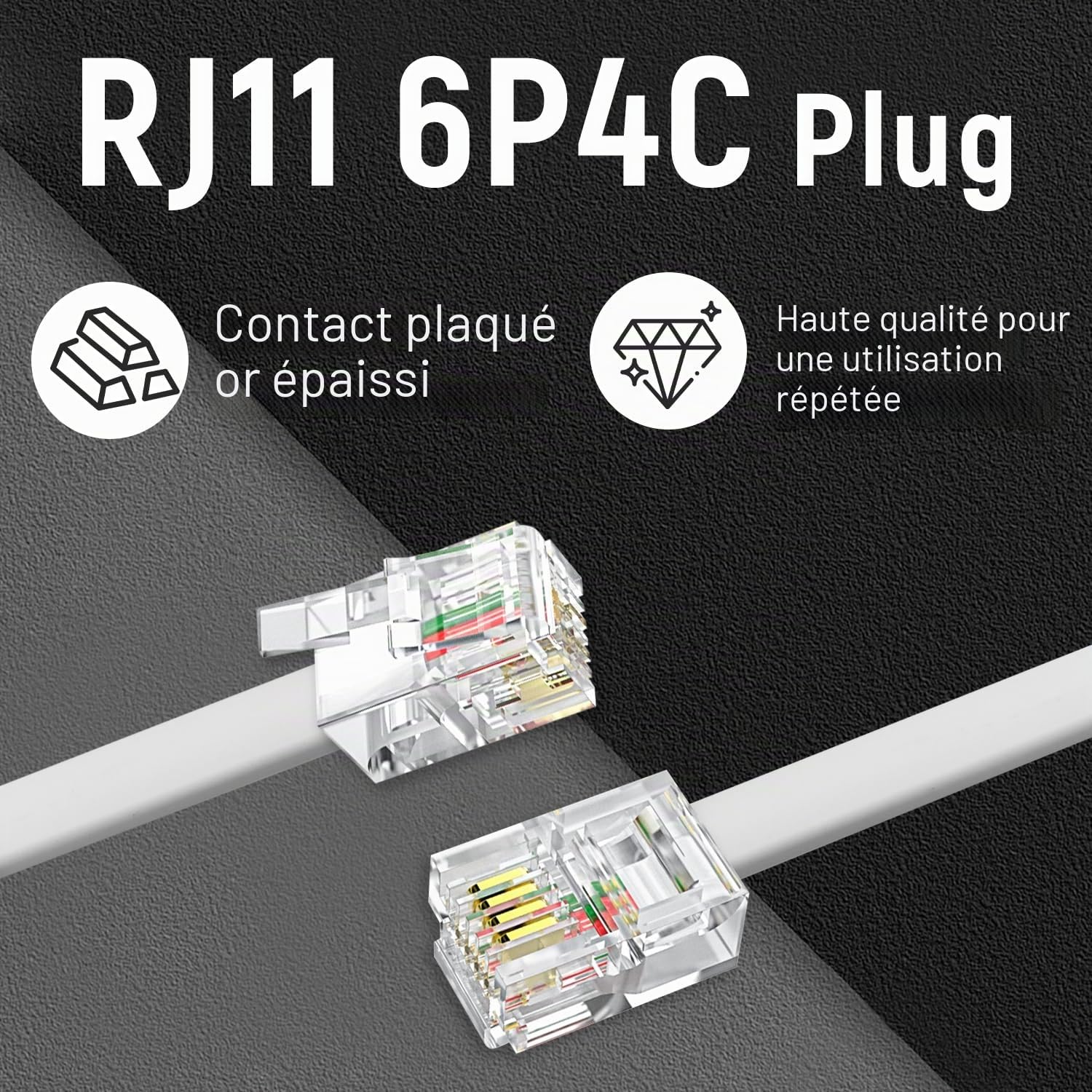 Uvital Rallonge de téléphone de 10 m, câble téléphonique avec prise RJ11 standard et coupleurs de 1 en ligne et 20 supports de clip de câble, blanc