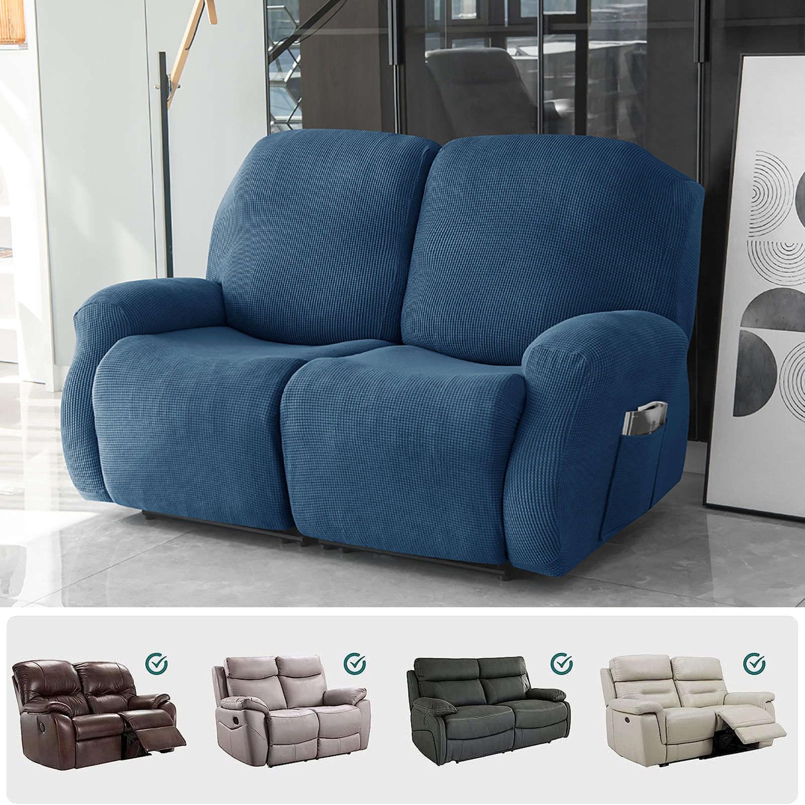 Stretch 6-Piece Recliner loveseat Covers, Soft Jacquard Fabric Reclining Sofa slipcover with Pocket Armchair Covers for Pets Kids-Royal Blue-loveseat