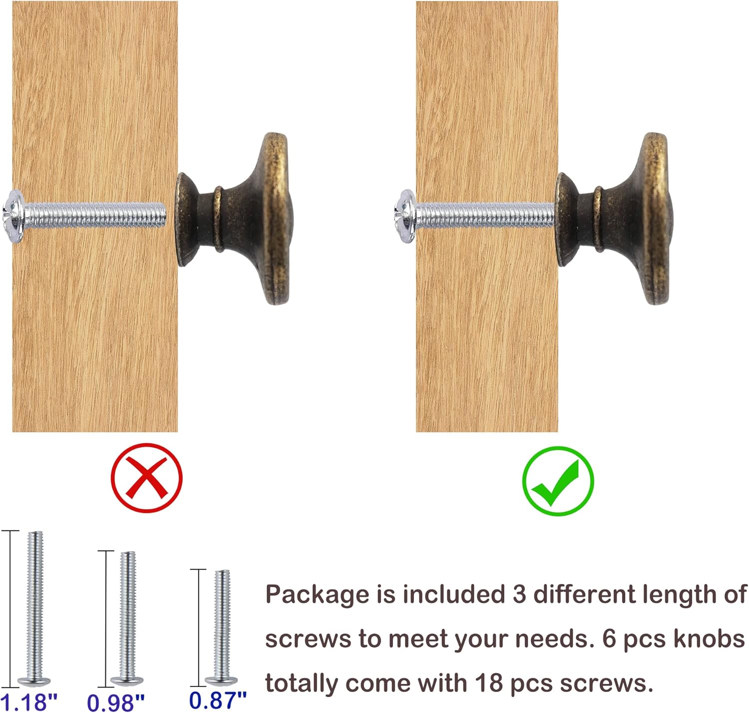 Bronze Cabinet Knobs, 6 Pack Vintage Drawer Pulls for Kitchen Metal Round Dresser Handles Pulls Cupboard Closet Wardrobe Zinc Alloy Dresser Knobs with 3 Sized Screws for Furniture