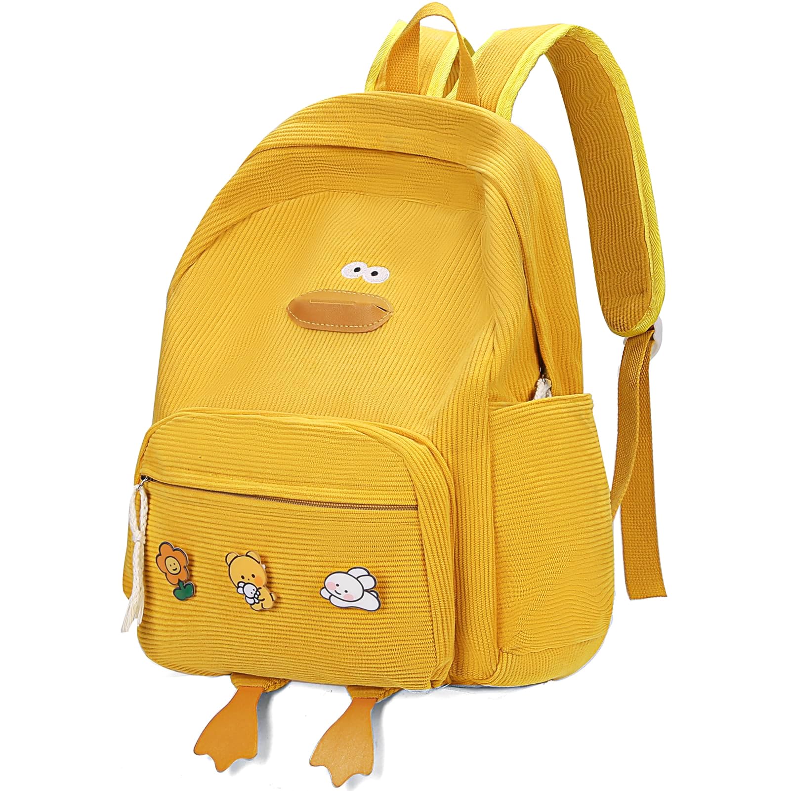 HuiLeo Cute Dcuk Backpack for Teens Girls Women, Kawaii Funny Aesthetic Corduroy Bookbag for High Middle School, Yellow