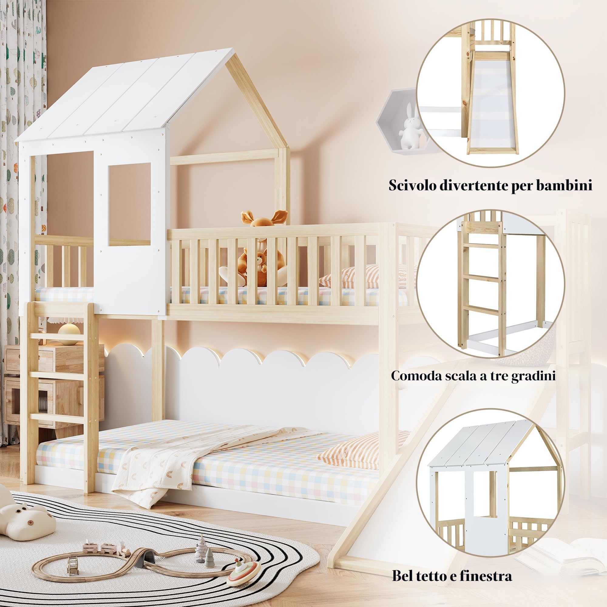 Letto a soppalco con scala ad angolo retto e scivolo, letto per casa con tetto e finestra, letto per bambini con protezione anti-caduta e griglia, struttura in pino, Natural+Bianco (90x200cm
