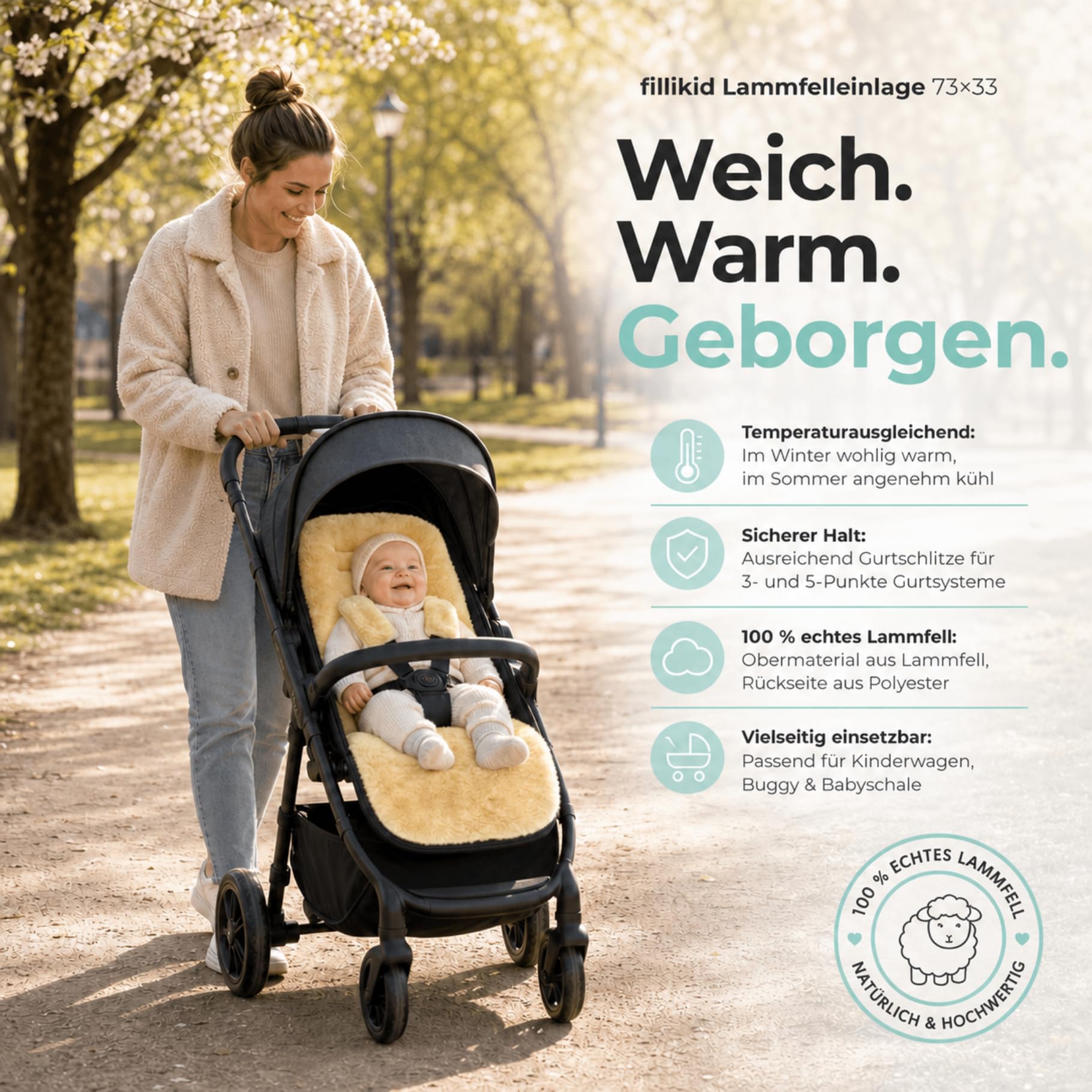 Fillikid Lammfelleinlage 73×33 Premium Merino-Lammfell für Kinderwagen Buggy Autositz mit Gurtschlitzen universal