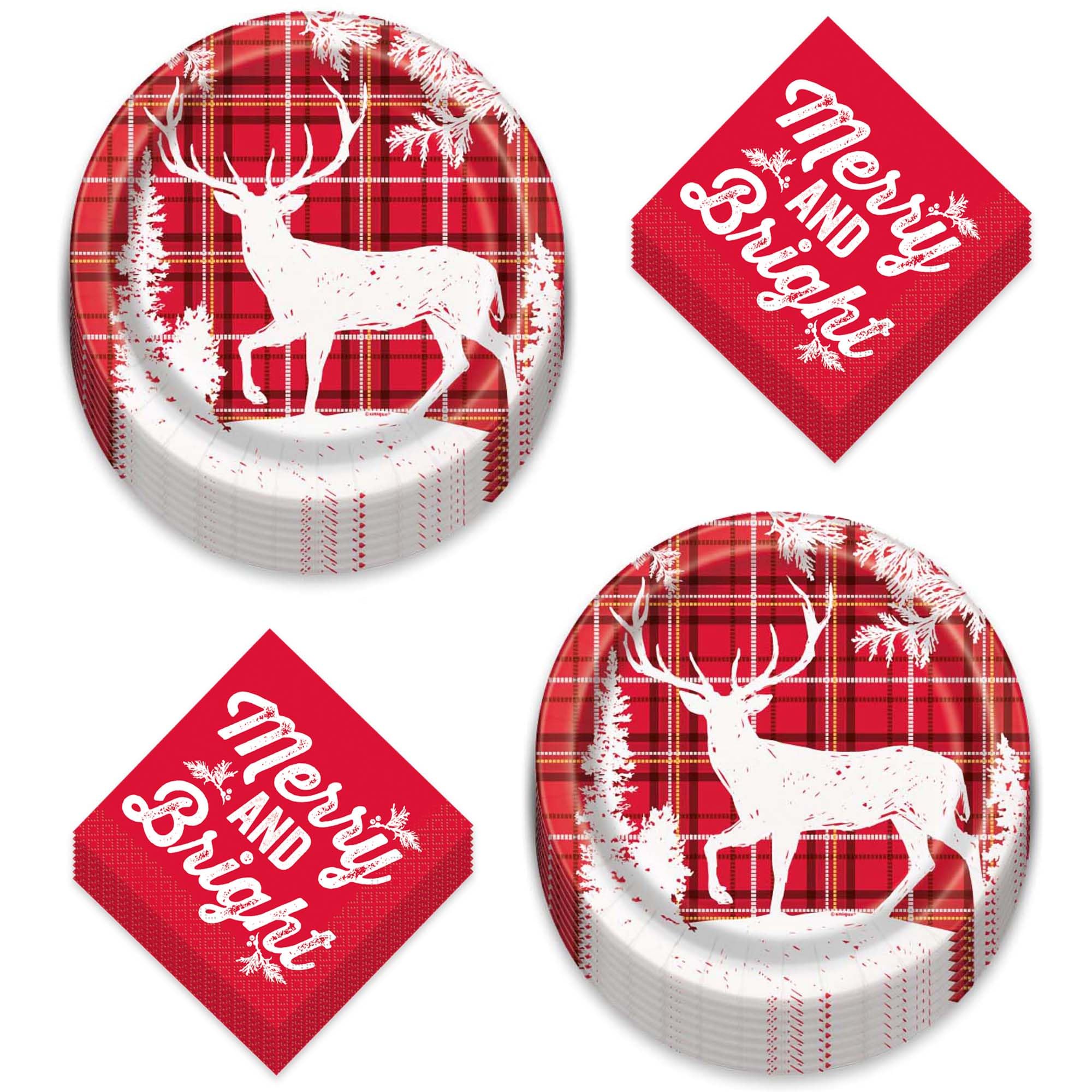Assiettes en papier à carreaux rouges de Noël avec motif cerf pour repas festifs