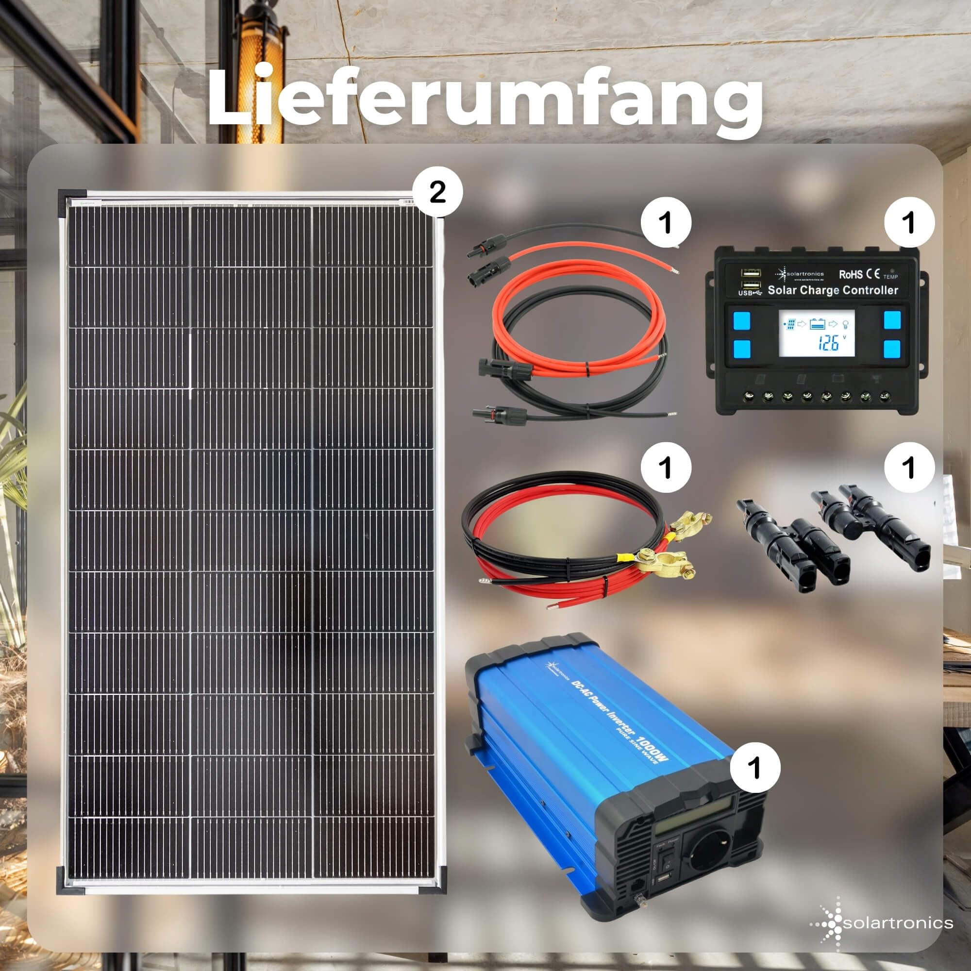 SOLARTRONICS Kompletny zestaw 2 x 120 W moduł solarny 1070 x 585 1000 W FS1000D12V przetwornica napięcia 20 A regulator ładowania