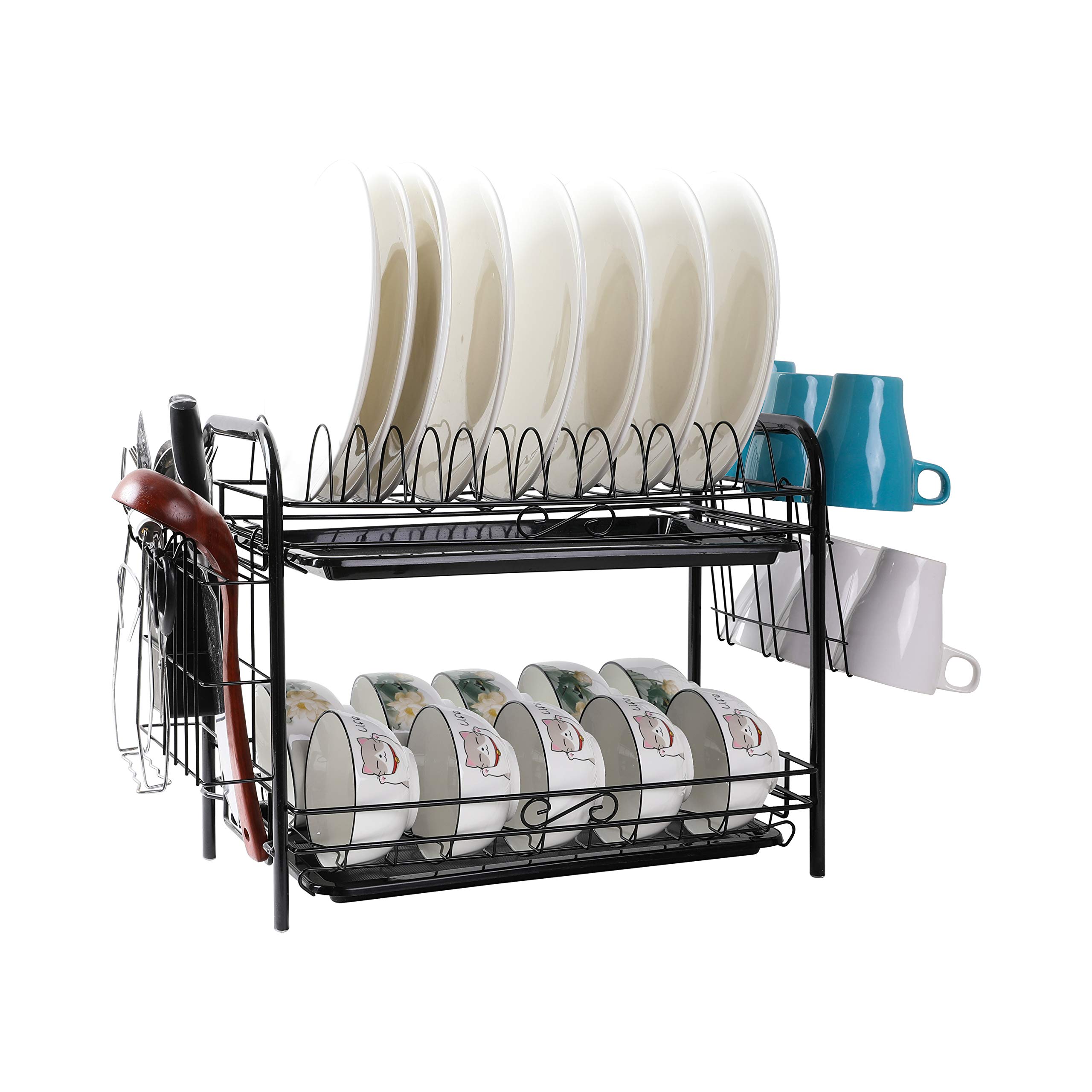 YCOCO Abtropfgestell, 2 Etagen, rostfrei, Abtropfgestell für Küche, Organizer, platzsparendes Regal mit abnehmbarem Abfluss, Utensilienhalter, Getränkehalter und Haken, schwarz