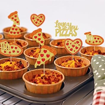 24Pcs Love You to Pizzas Cupcake Toppers, Pizza Baby Shower Decor | Pizza Birthday Party Decorations, Double-sided Glitter, Pizza Valentine's Day Cake Picks