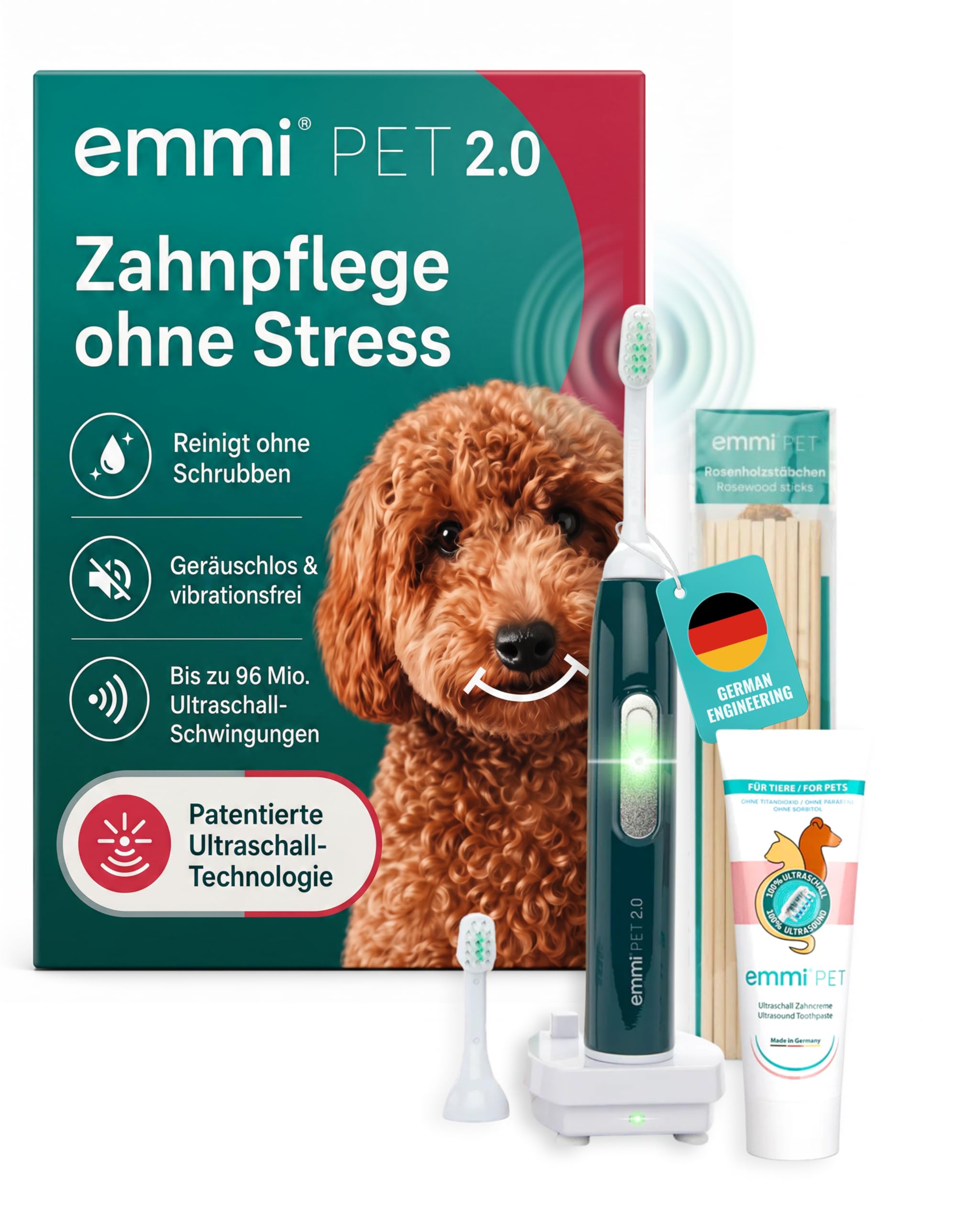 emmi-PET 2.0 Ultraschall-Zahnbürste für Hunde I Geräuschlose Hundezahnbürste reduziert Plaque & beugt Zahnstein vor I Schonende Zahnpflege ohne Schrubben I Zahnpflege Set inkl. Zahnpasta & Aufsätzen