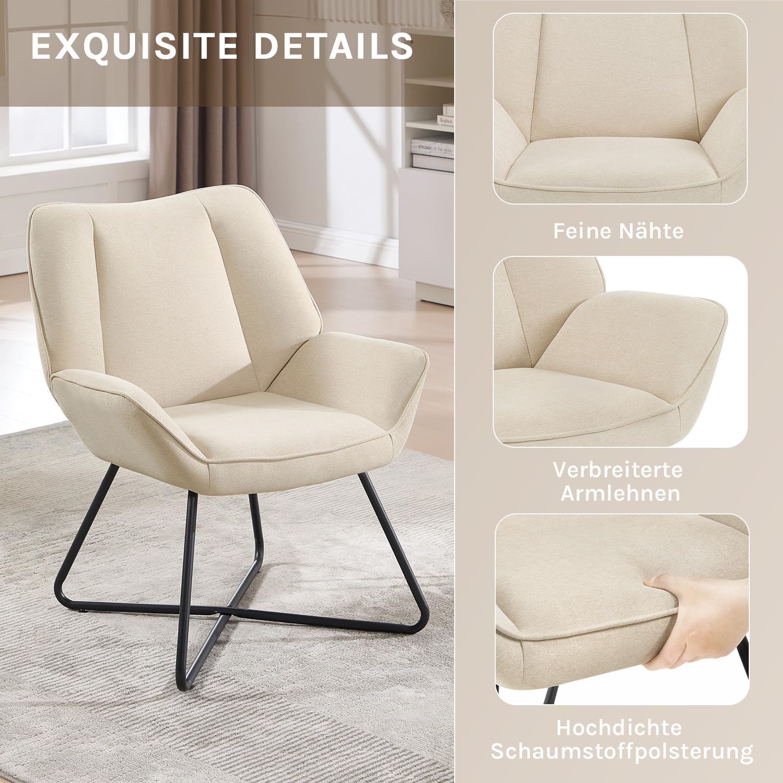 WOLTU Sessel Wohnzimmer, Relaxsessel mit Armlehnen, Beige | Loungesessel mit Metallrahmen, gepolstert, aus Leinen, modern, bequem, bis 150 kg, 71 x 85 x 70 cm (B x H x T)