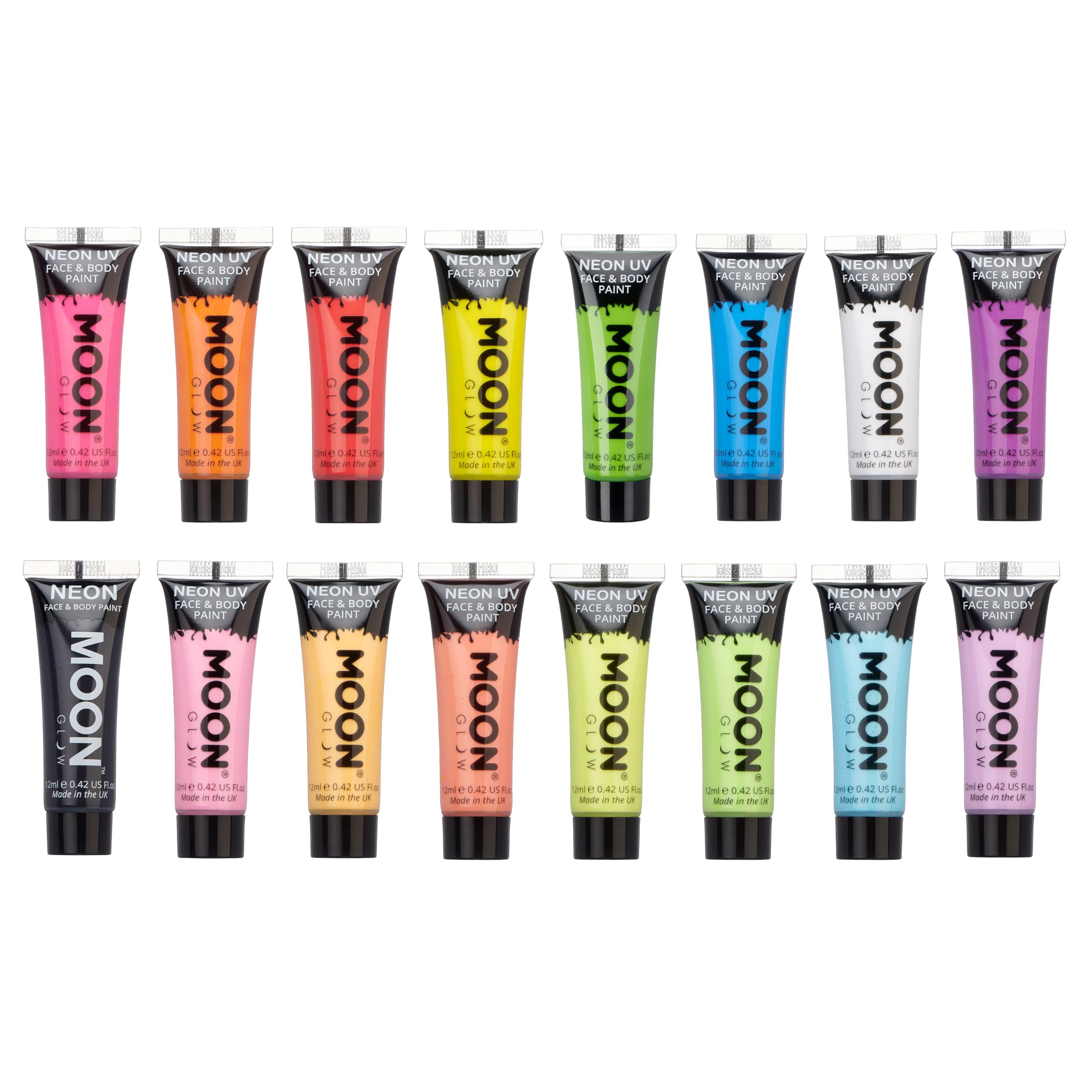 Moon Glow - Neon Blacklight UV Face & Body Paint - 0.42oz Set of 16 - includes 7x Intense and 7x Pastel colours plus White and Black
