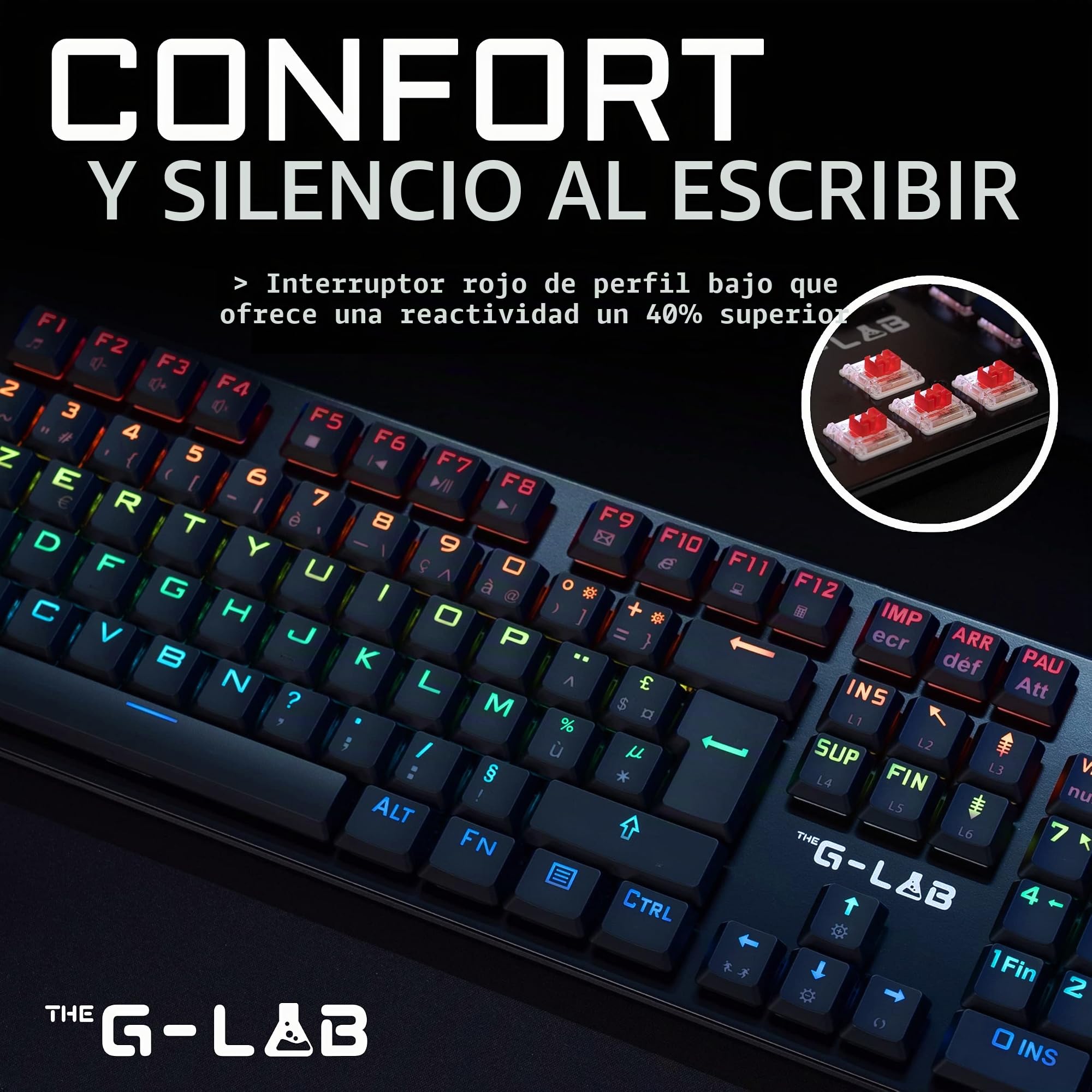 The G-Lab Keyz Platinium Teclado Mecánico Gaming AZERTY FR Red Switch Low Profile - Retroiluminación RGB 100% Personalizable, Anti-ghosting Total - PC/PS4/PS5/Xbox – Negro - Nuevo