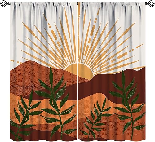 Miniatura 12 de Cortinas Retro de Atardecer, Bohemio de Mediados de Siglo Moderno Abstracto Amanecer Japonés Azul Ola del Océano Opacas Tratamientos de Ventana para