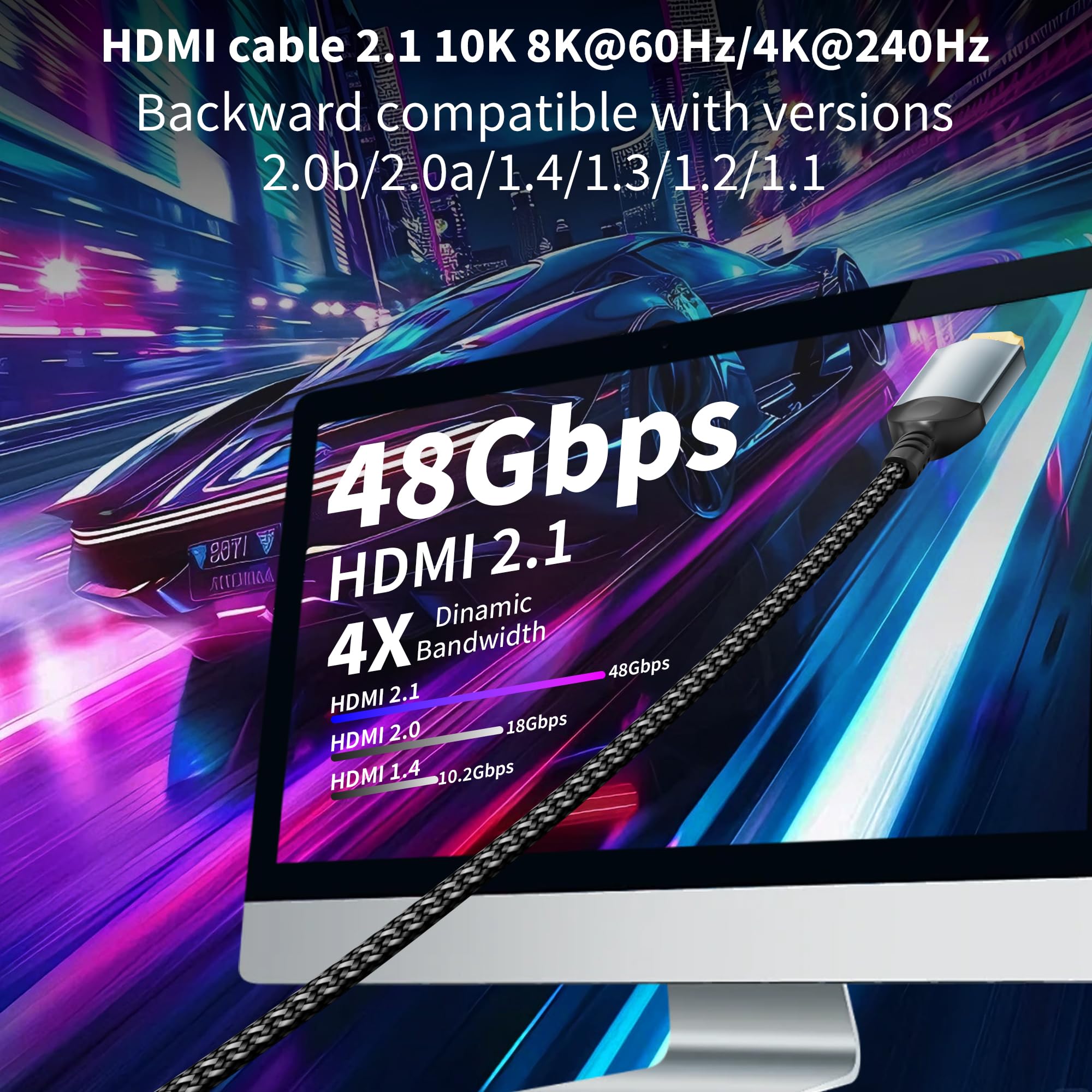 Câble HDMI 2,5m 10K 8K,câble HDMI ultra haute vitesse 10K 8K@60 Hz 4K@240 Hz,compatible HDMI 2.1,HDR10+,eARC,3D,HDCP 2.2 et 2.3,VRR,DTS:X,compatible avec PS5/4,Xbox,TV HD,PC,moniteur,projecteur