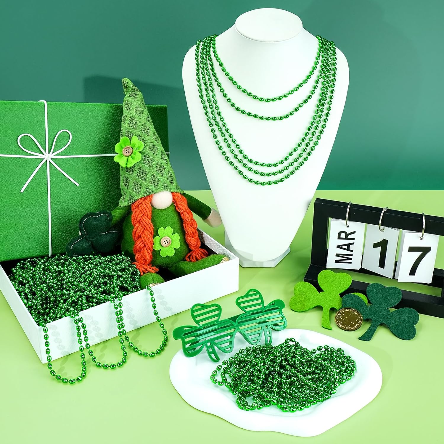 SHAOQINLIN 100 PCS St. Patricks Day Beads Necklace, 30.5" Green Oval Beads Irish Saint Patrick's Necklaces Christmas Necklace for St. Patricks Day Mardi Gras Xmas Parade Throws Party Favors - Image 6