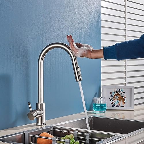 Grifo de fregadero de cocina táctil con rociador extraíble, grifos de acero inoxidable de níquel cepillado con rociador extraíble