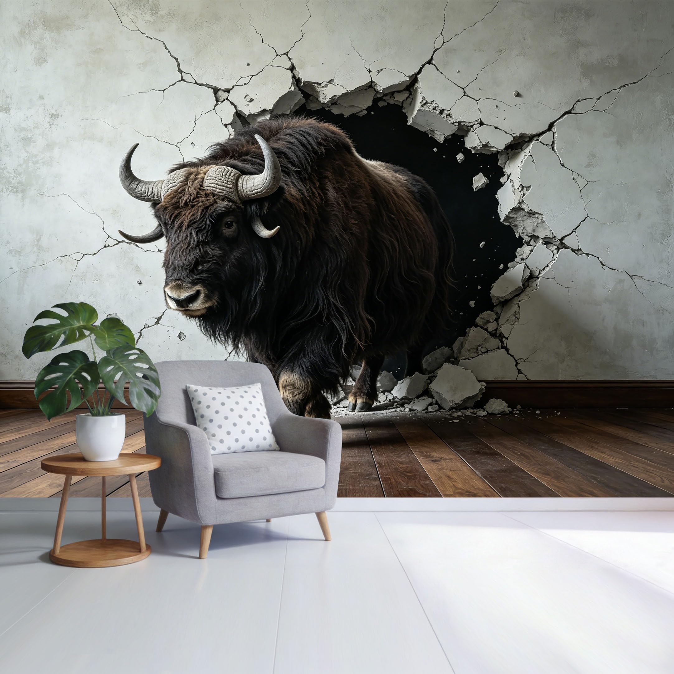 Custom Size Wall Mural Majestic Wild Yak Cracking Wall 3D Trompe L'Oeil Removable Self Adhesive Fabric，Home Wall Decor for Living Room Bedroom Bathroom