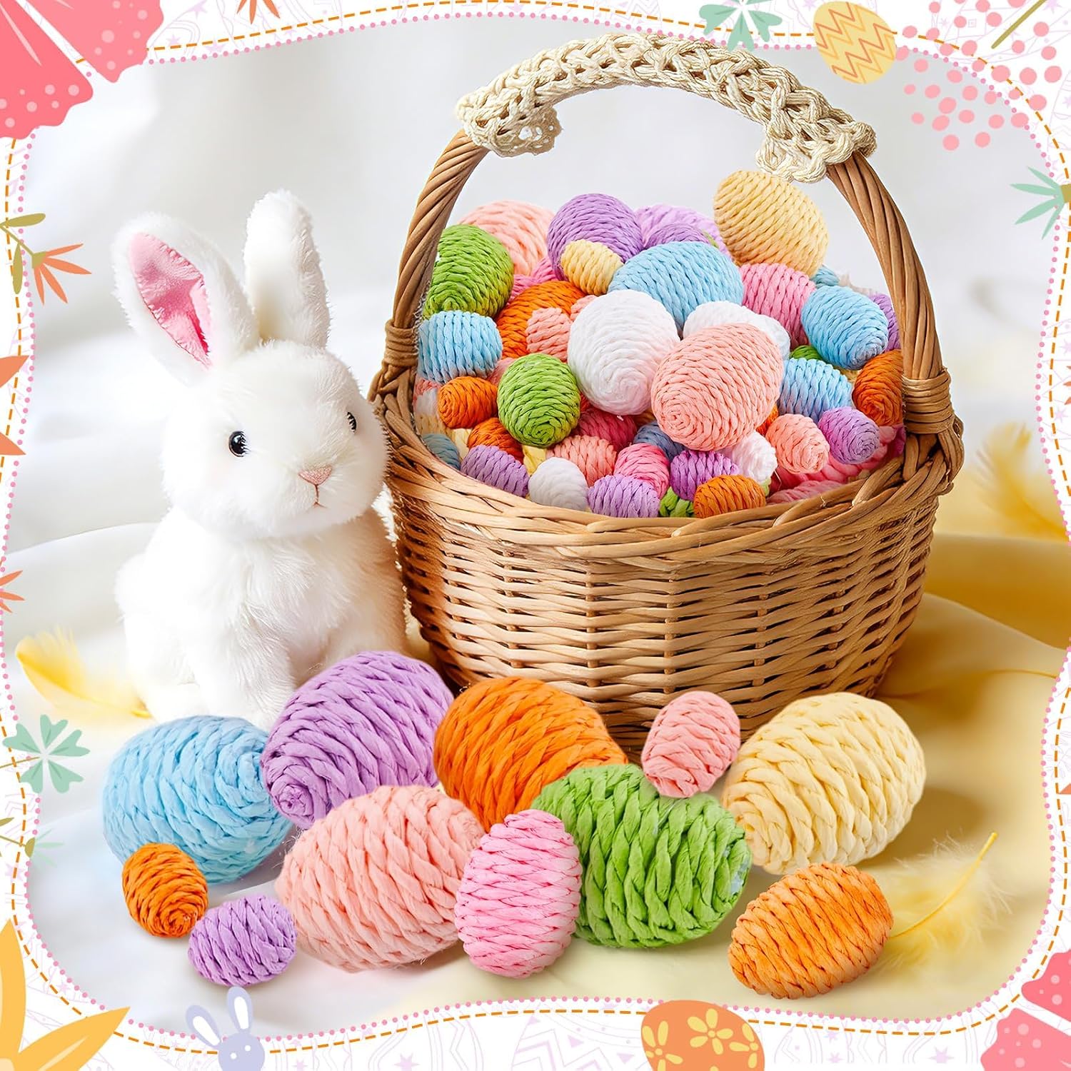 64 Pack Easter Eggs, Colorful Woven Foam Easter Eggs with Paper Rope Texture, Bright Easter Basket Stuffers for Egg Hunts, Spring Table Decor, Party Favors (Mixed Size, Solid Multicolor)