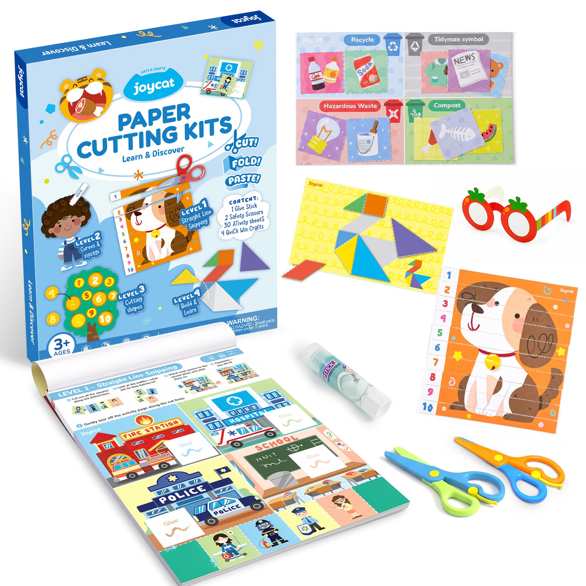 JoyCat Paper Cutting Kits for Kids Ages 3-5, Learn & Discover Scissor Skills Activity Book with 2 Safety Scissors, 30 Activity Sheets, 4 Quick Win Crafts, Glue Stick, Preschool Learning Craft Set