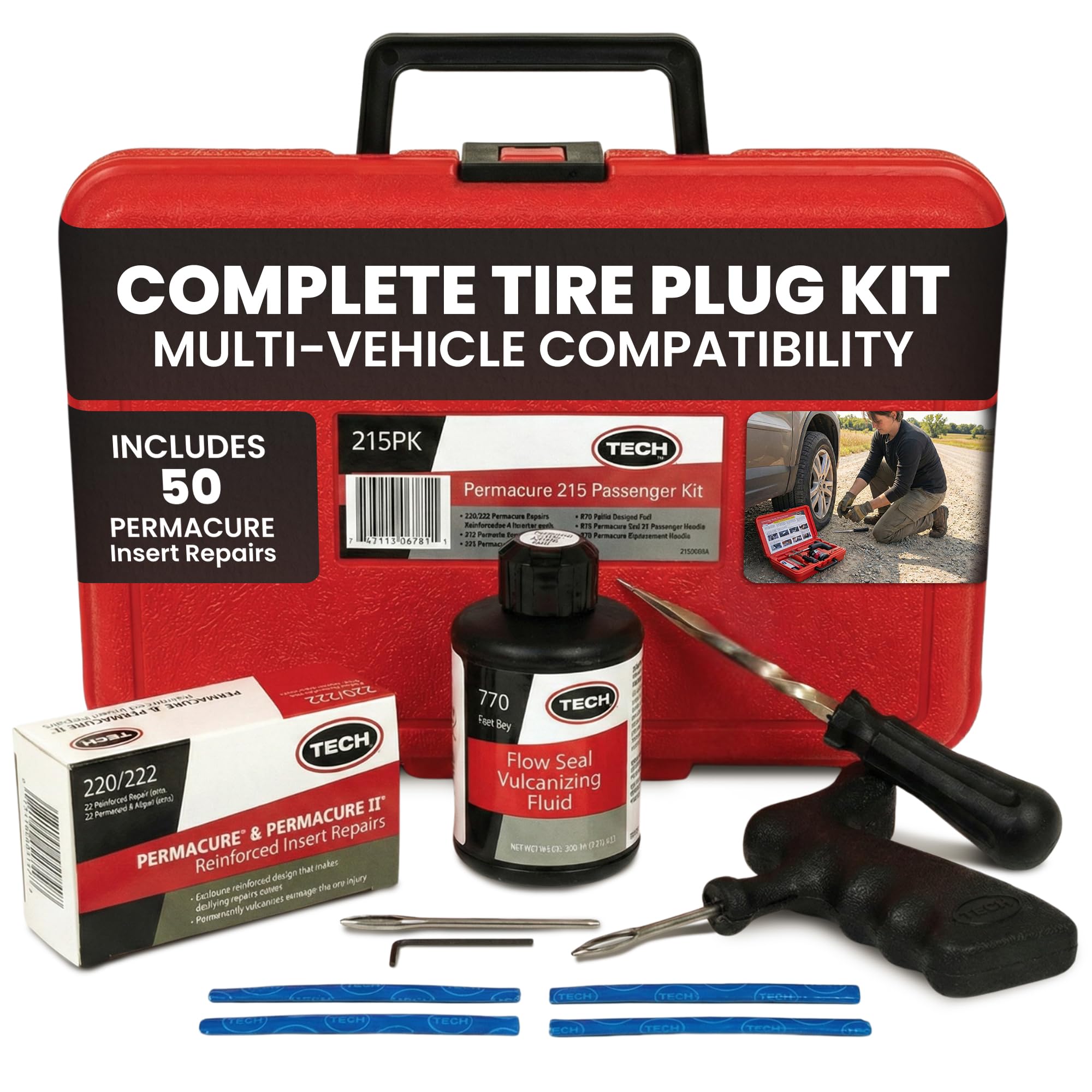 Permanently Seal Tire Punctures Instantly – TECH Permacure Tire Repair Kit with 50 Plugs & Tools for Cars, Trucks, ATVs & More – Portable Co