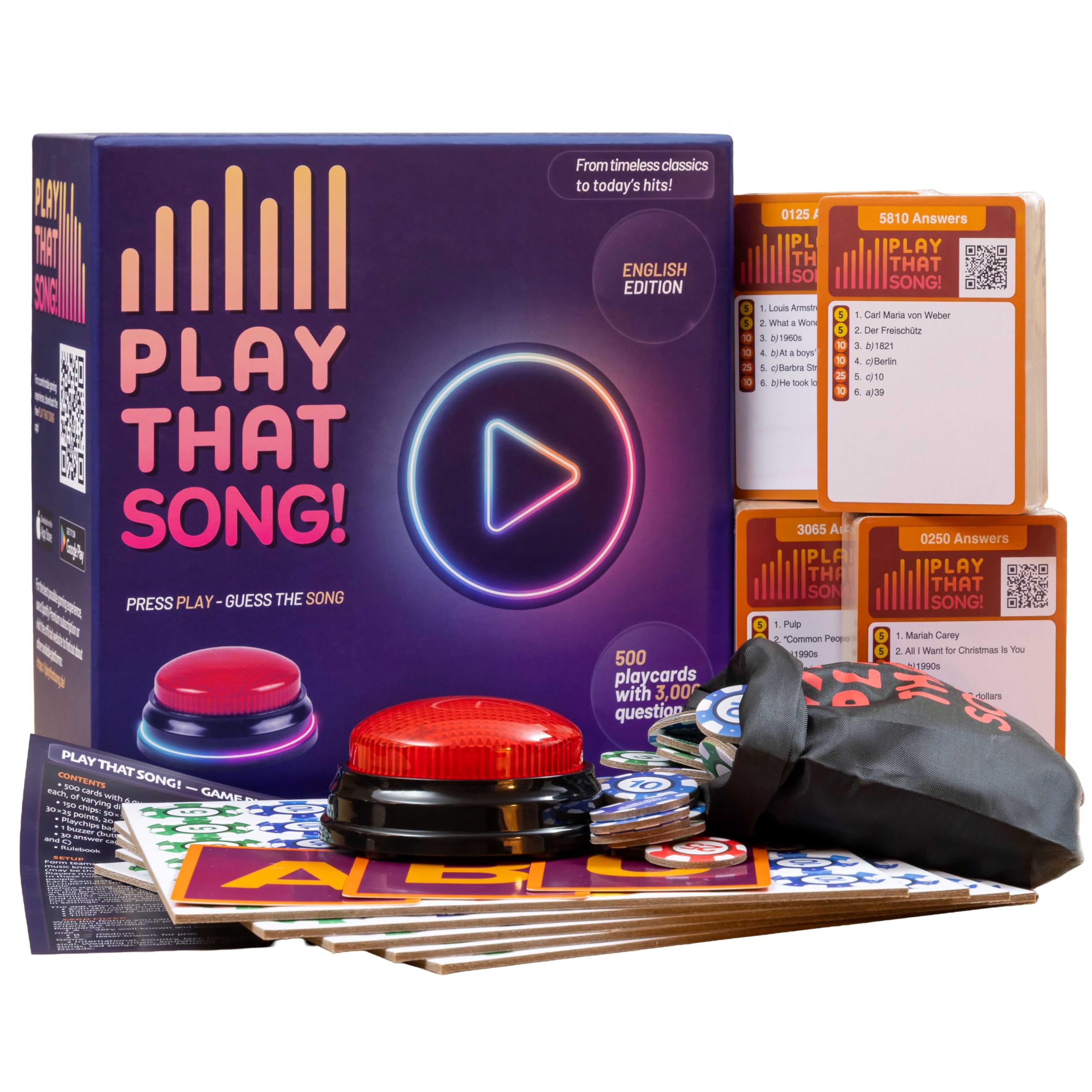 New Music Party Game - 500 Playcards, 3000 questions - Music Quiz Game with App, QR Code & Buzzer - Cheerful Hitstar Party Games for Adults (angielski)