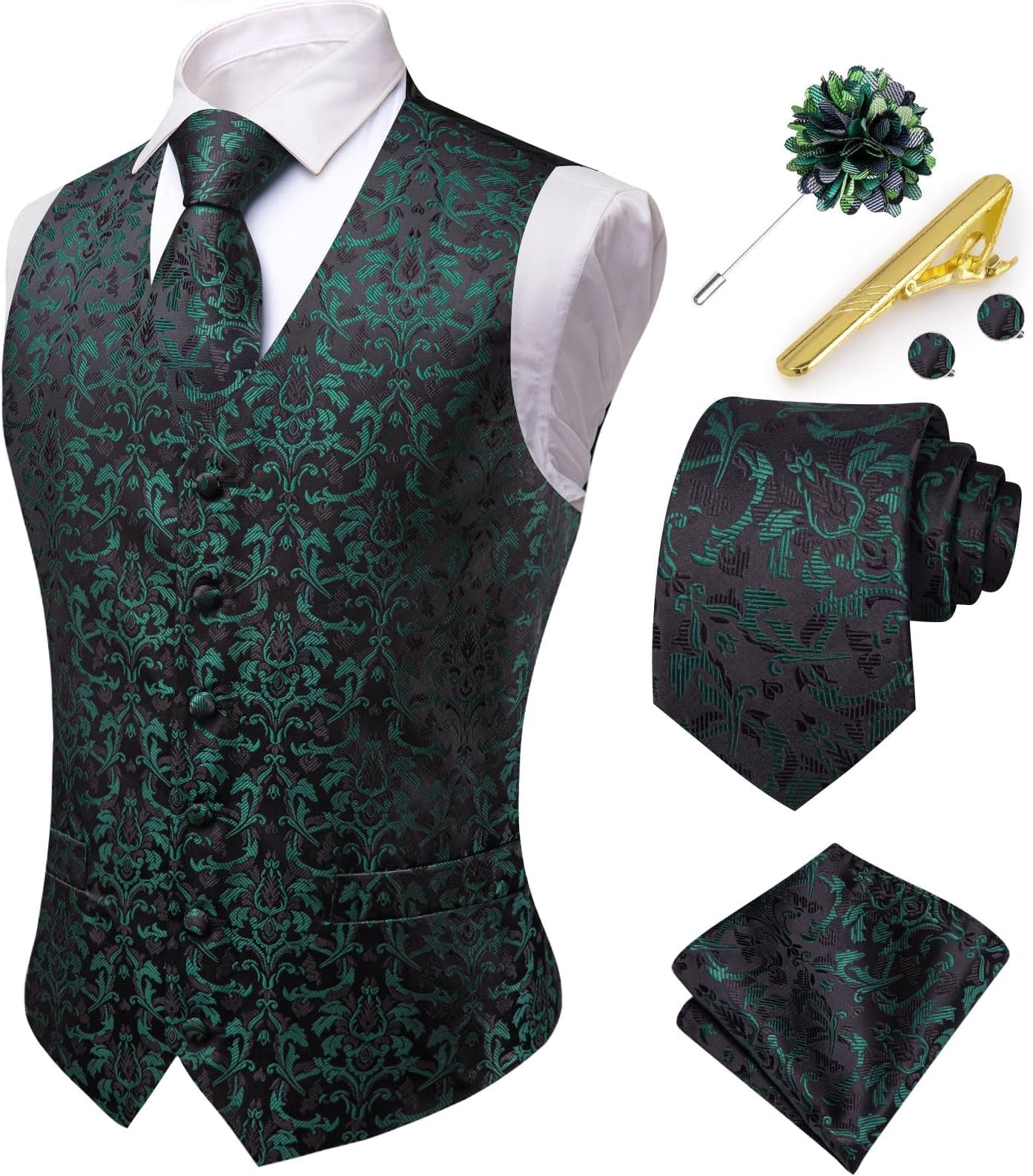 Men's Suit Vest and Tie set Formal Business Waistcoat and Tie Pocket Square Cufflinks Set for Wedding Tuxedo