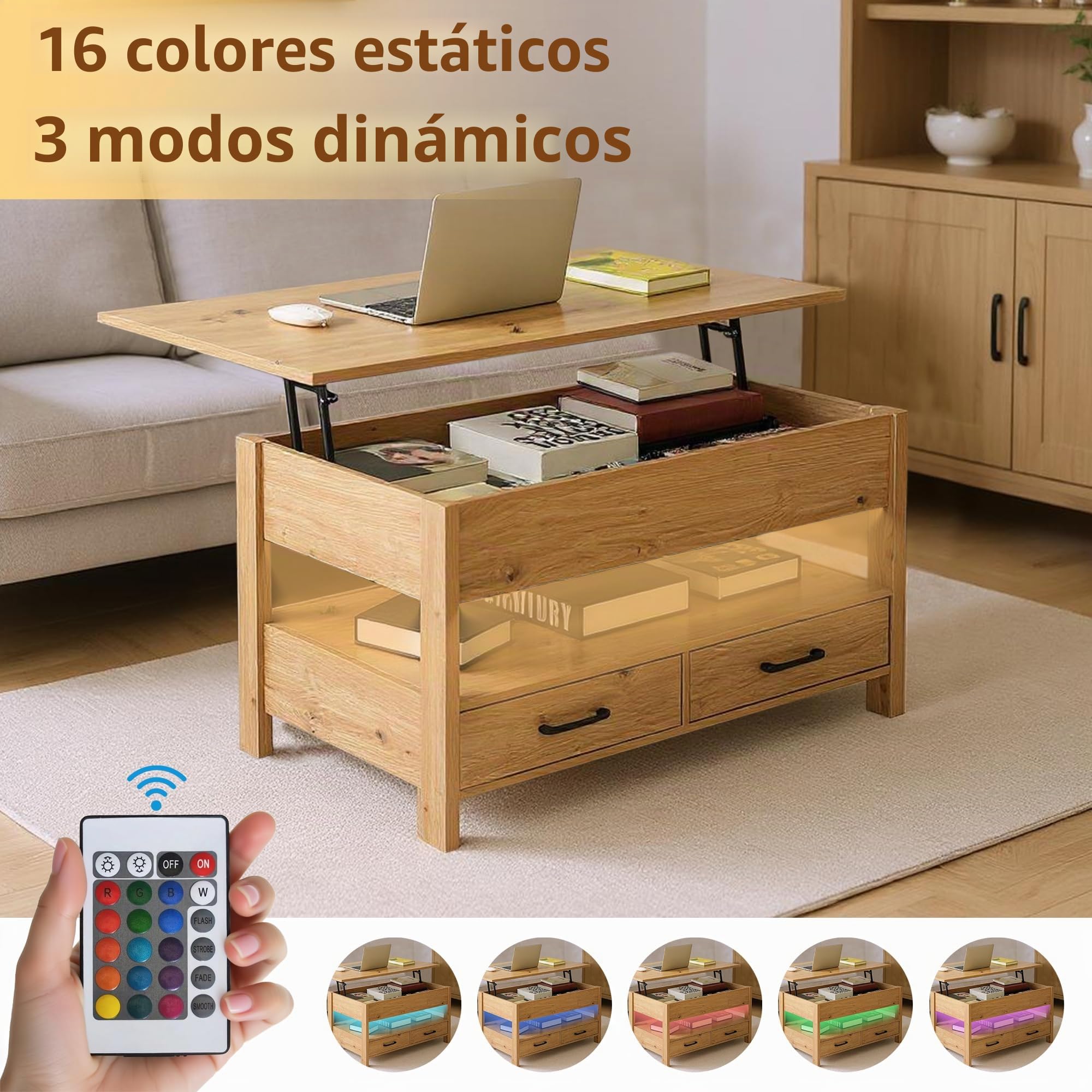 Mesa de Centro Elevable con LED RGB, con Espacio Abierto y Oculto, 2 Cajones, Madera Mesa de Café para Salón, Diseño Industrial, 100 x 50 x (49-63) cm