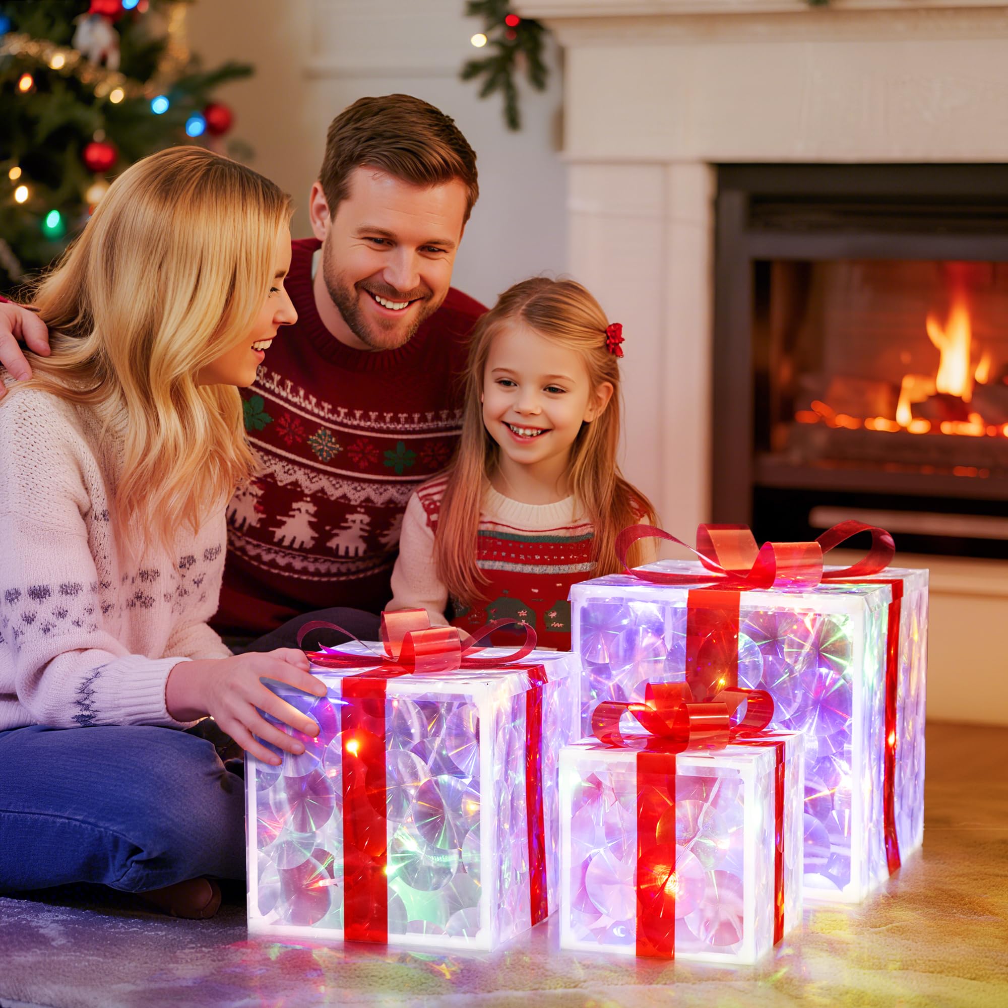 Set di 3 scatole regalo pieghevoli illuminate con 50 LED, ideali per decorazioni natalizie all'aperto e decorazioni natalizie per interni, per abbellire la decorazione natalizia del pavimento