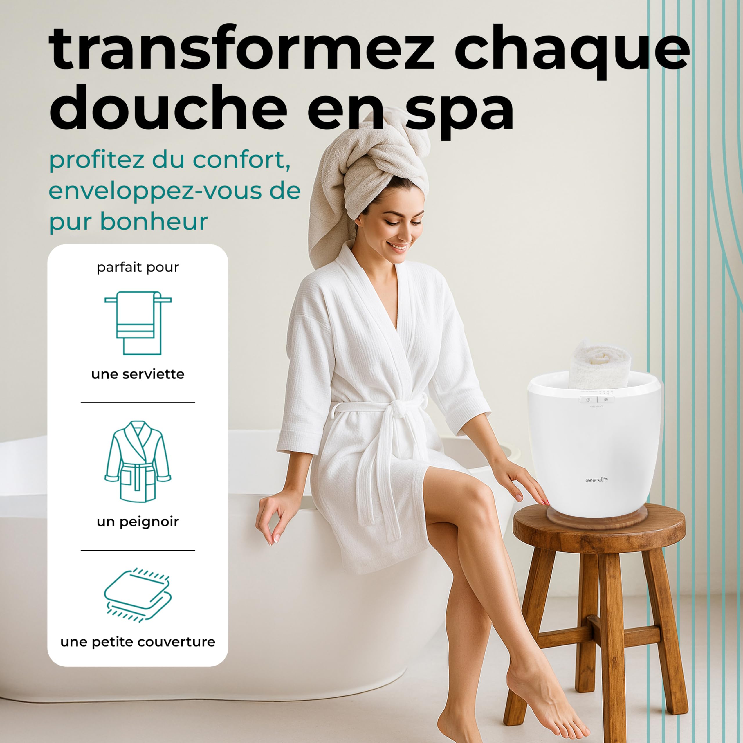 SereneLife Chauffe-Serviettes de Luxe pour Salle de Bain – Seau Chauffant avec Arrêt Automatique et Support pour Disque Parfumé – Chauffe 1 Grande Serviette – Design Compact ABS Naturel
