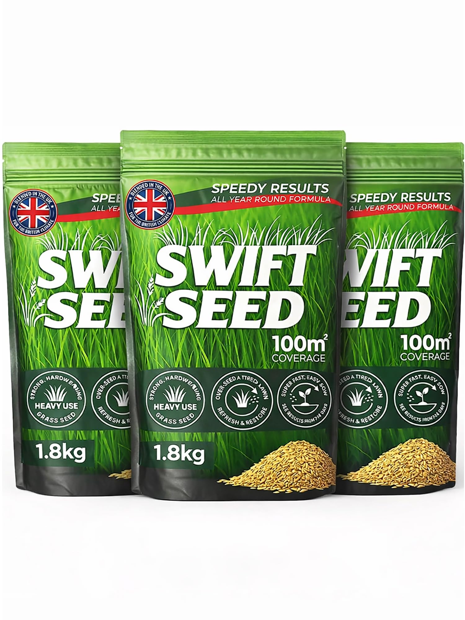 5.4kg Grass Seed by Swift Seed Covers 300m² Premium Fast Growing, Hard-Wearing Lawn Rapid Growing Germinating Lawns, Patch Repair-UK Climate Blend EEC Rule & Standards (All Year, 5.4kg(3x1.8kg Packs)