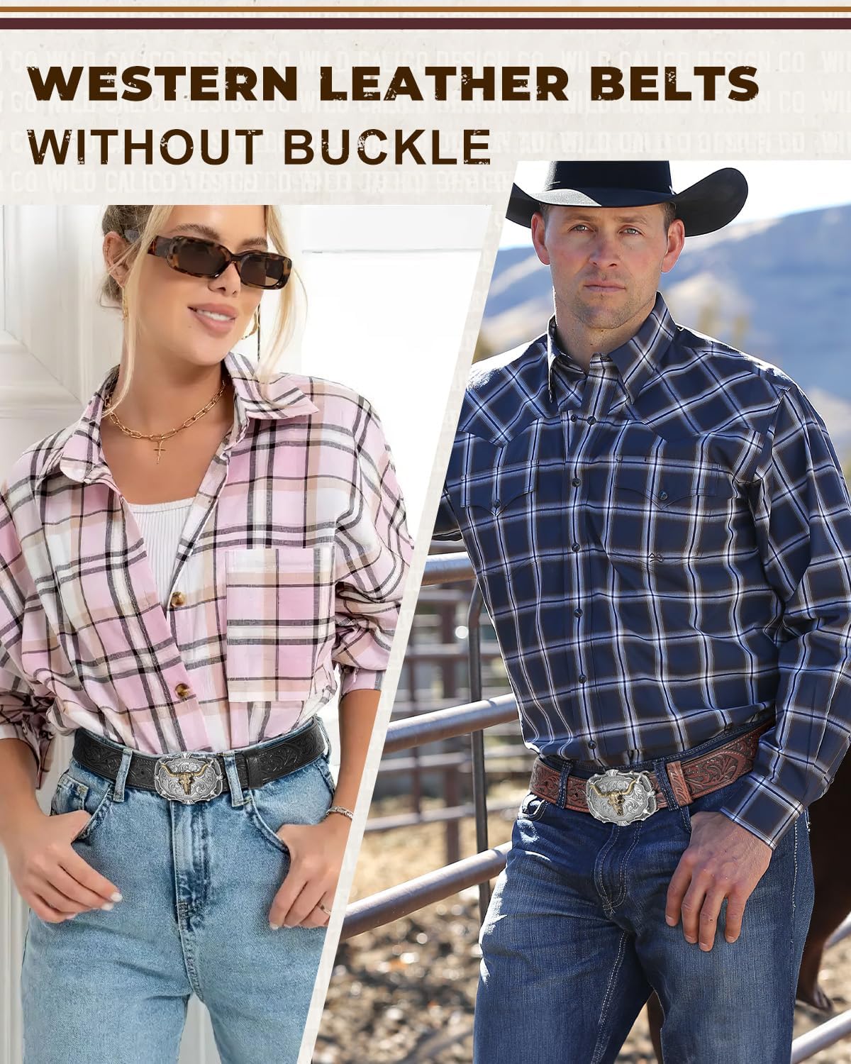 BELTROAD 2 Pack Western Leather Belt Strap for Men Women Cowboy Cowgirl Leather Mens Belts for Jeans Gift Belt without Buckle - Image 2