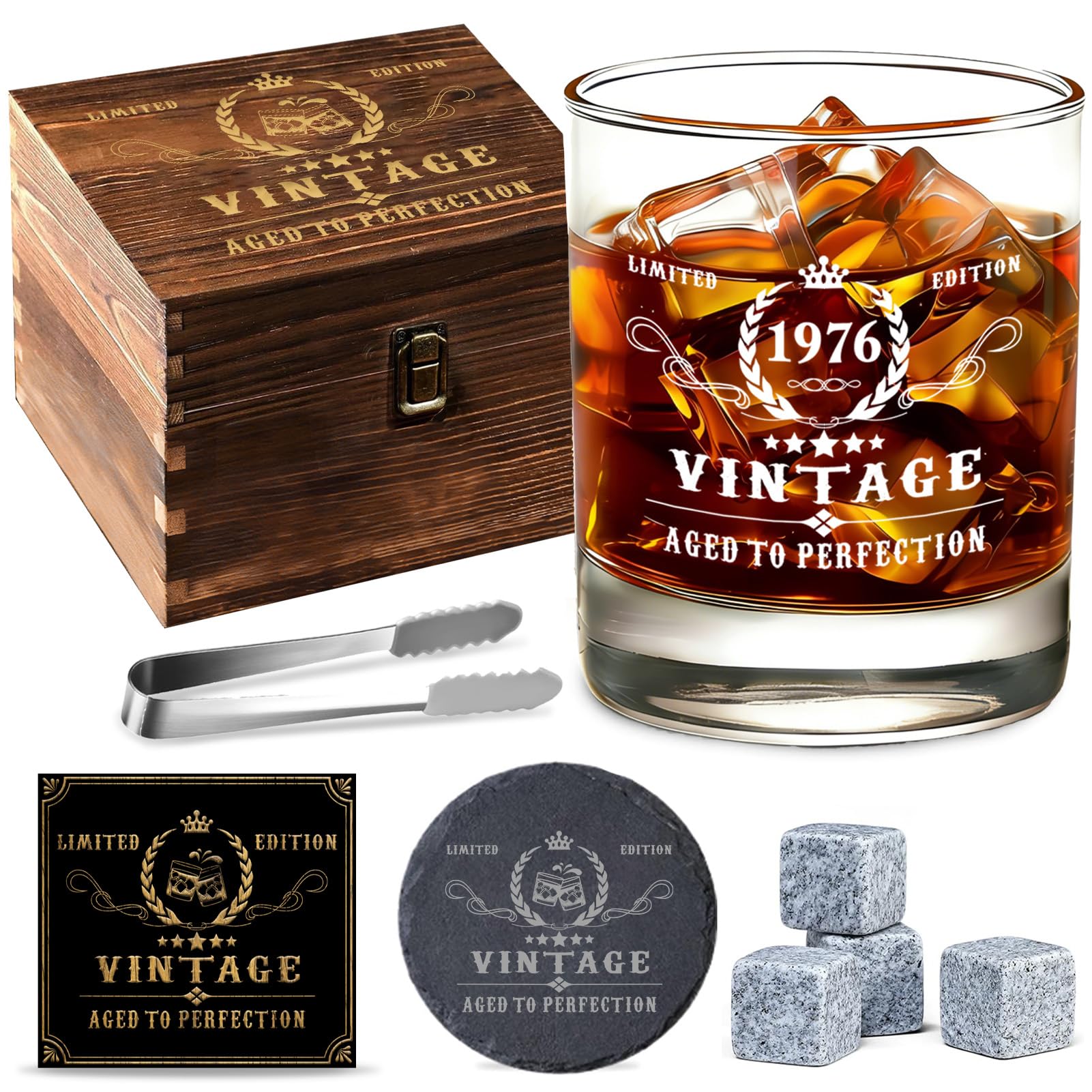 Timogift 50th Birthday Gifts for Men, Vintage 1976 Whiskey Glass Set, Comes with Elegant Wooden Box & Greeting Card, Retro Whiskey Tumbler for Him Dad Husband Friend