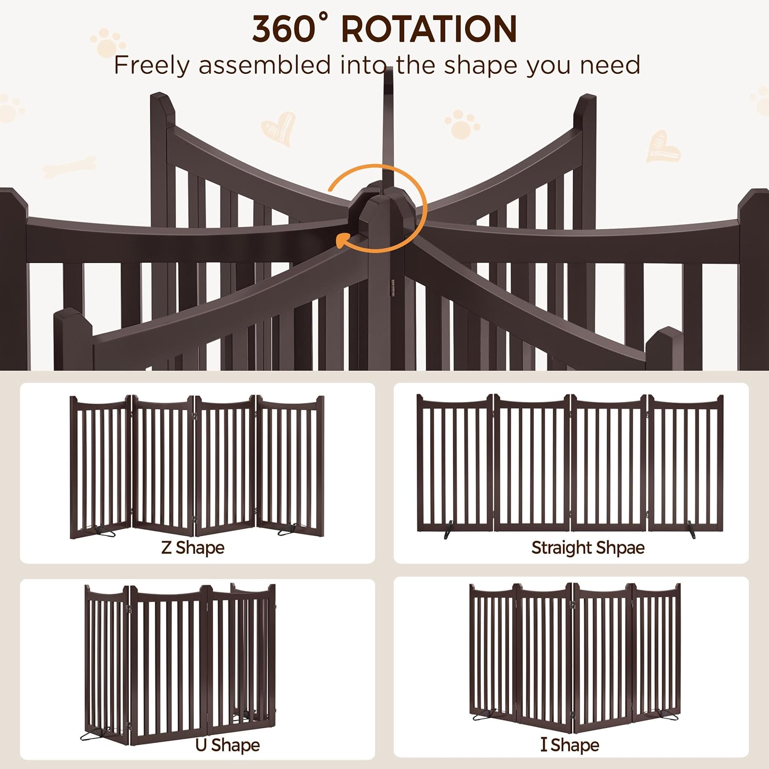 Yaheetech 36" H Extra Tall Freestanding Pet Gate 4-Panel Wooden Dog Fence with 2 Support Feet Folding Dog Gate for Indoor, Stairs, Doorway, Halls, Kitchen Wooden Pet Barrier Espresso, 79.5" L x 36" H