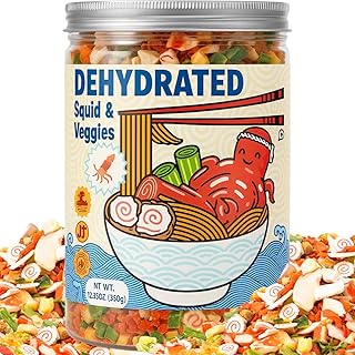 Dried Ramen Toppings 11 Mix Seafood & Veggies - Real Squid, Shrimp, Fish Cake & Goji Berry, Low Fat, No Added MSG, 12.35 oz Resealable Jar for Instant Ramen, Soups, Rice