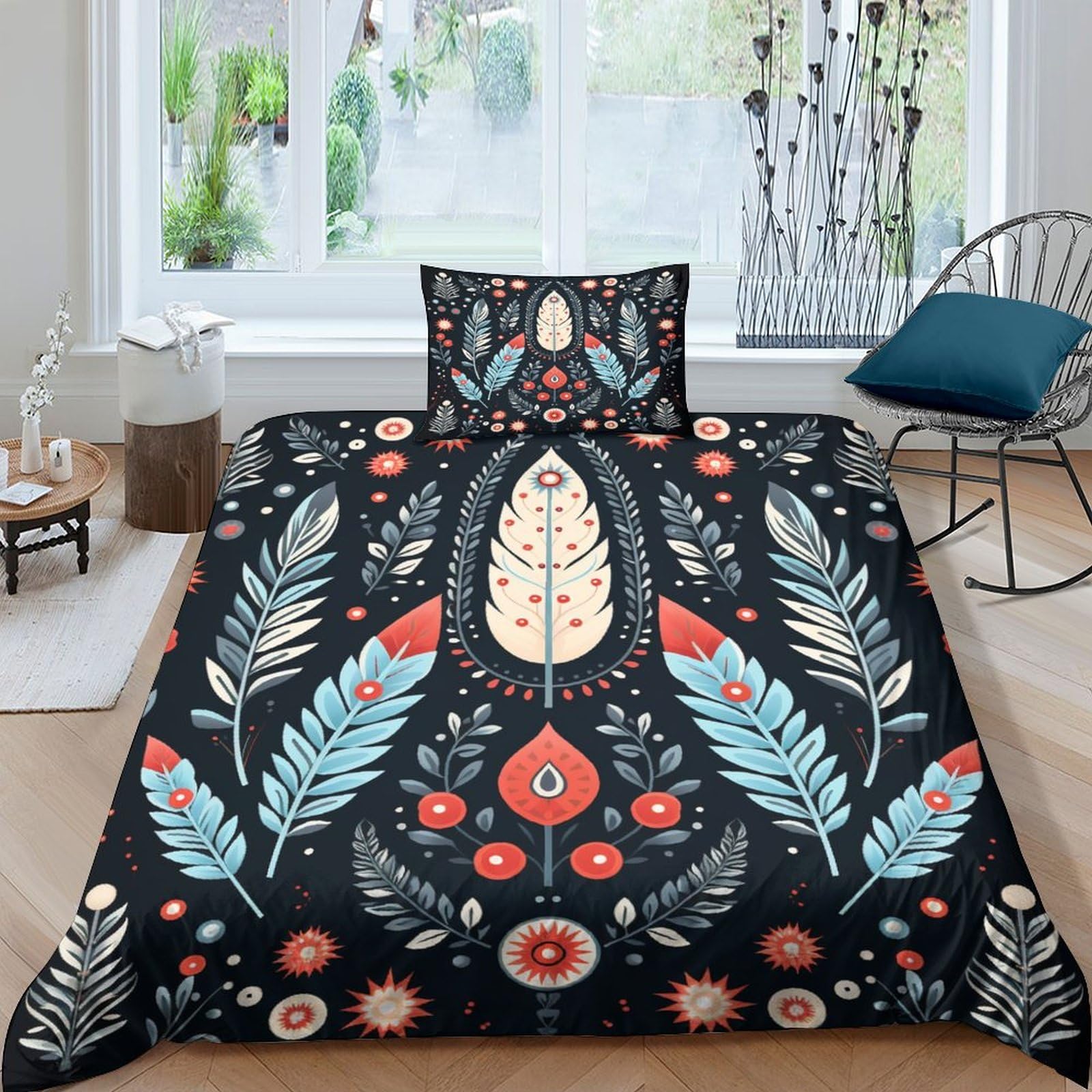 Funda nórdica bohemia 135x200 de plumas tribales 3D con cremallera y 2 fundas de almohada