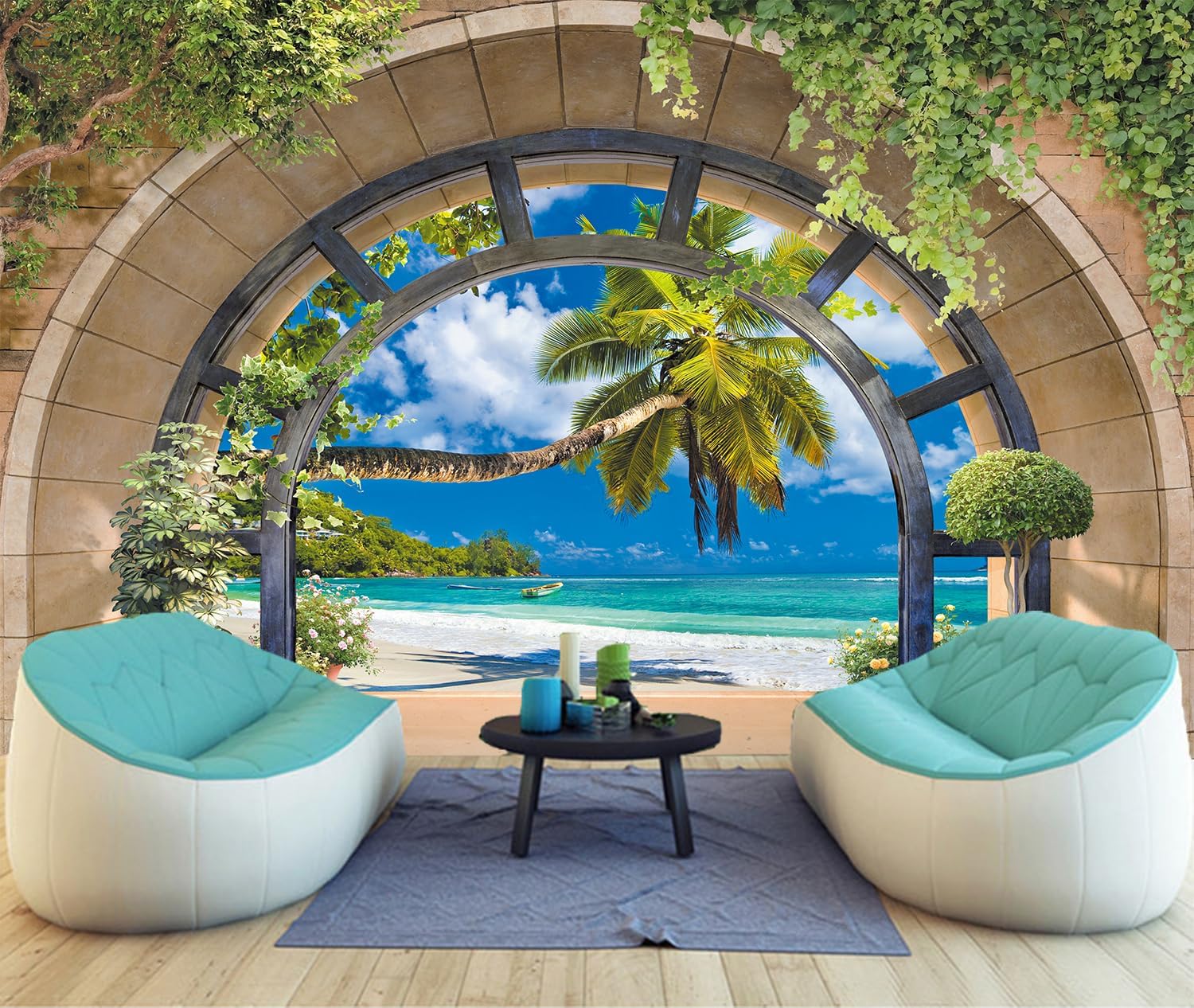 FLFK Window Tropical Beach Palm Wall Murals Peel and Stick 78.7"x59"- Self-Adhesive Wallpaper Large Poster Sticker for Bedroom Living Room Decor