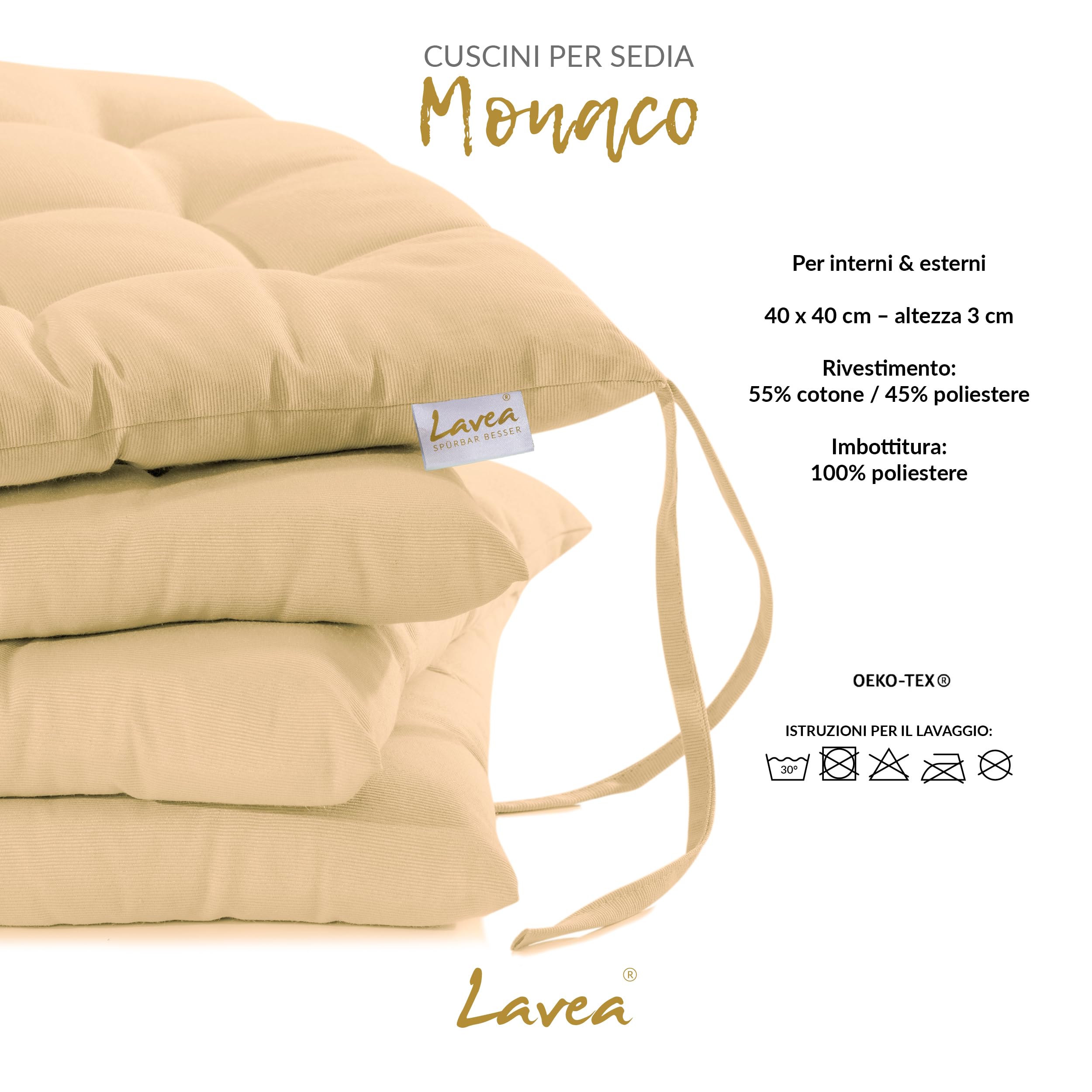 Lavea® Cuscini per Sedia 40x40 cm – Set 8 pz con laccetti – Interni/Esterni – Comodi e Lavabili, per Giardino, Cucina, Balcone e Terrazza - Sabbia