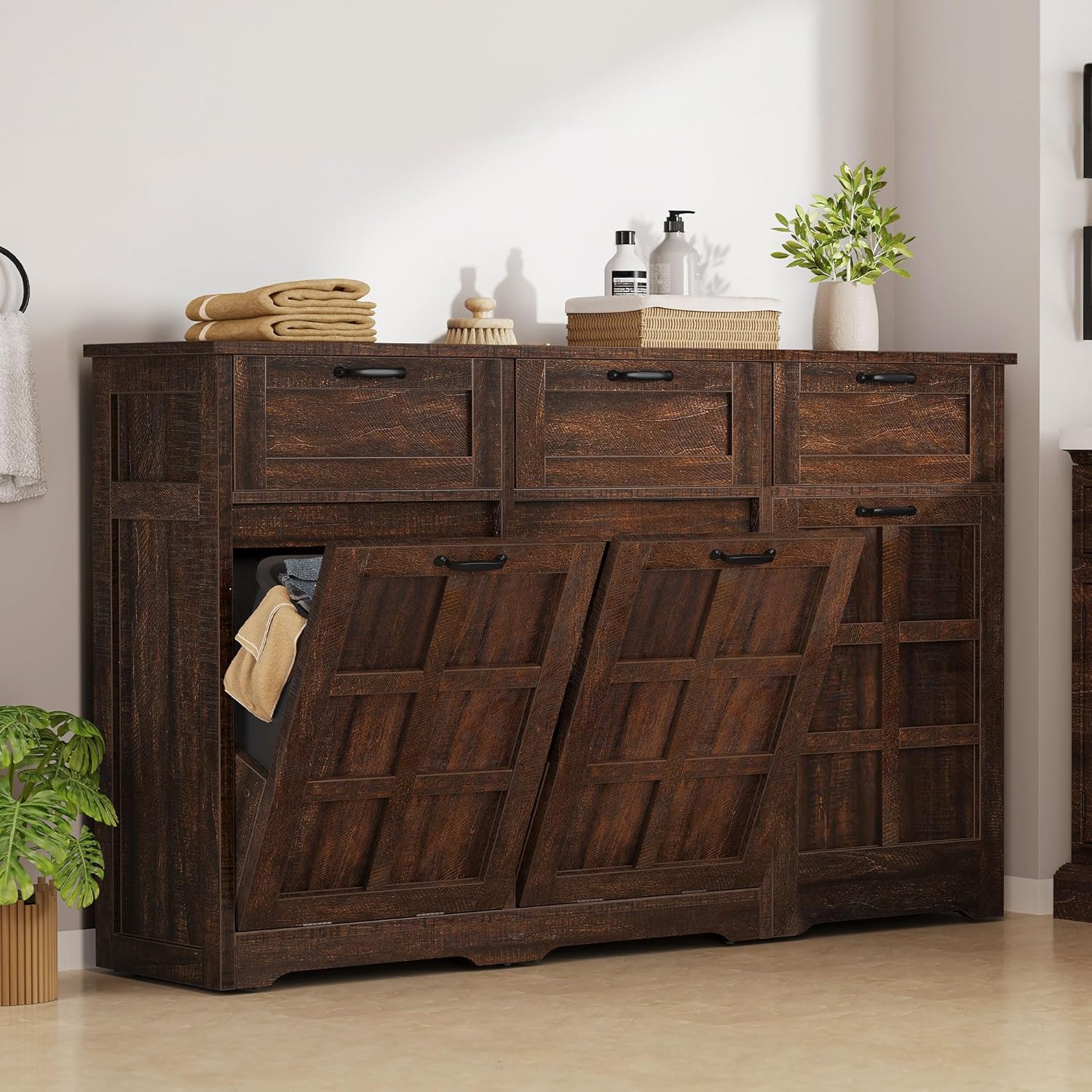 DWVO 58.3" Rustic Kitchen Island Storage Cabinet, Tilt Out Trash Can Cabinet, Farmhouse Kitchen Island with 3 Drawers, 2 Tilt-Out Doors for 10 Gallon Bins, Adjustable Shelf