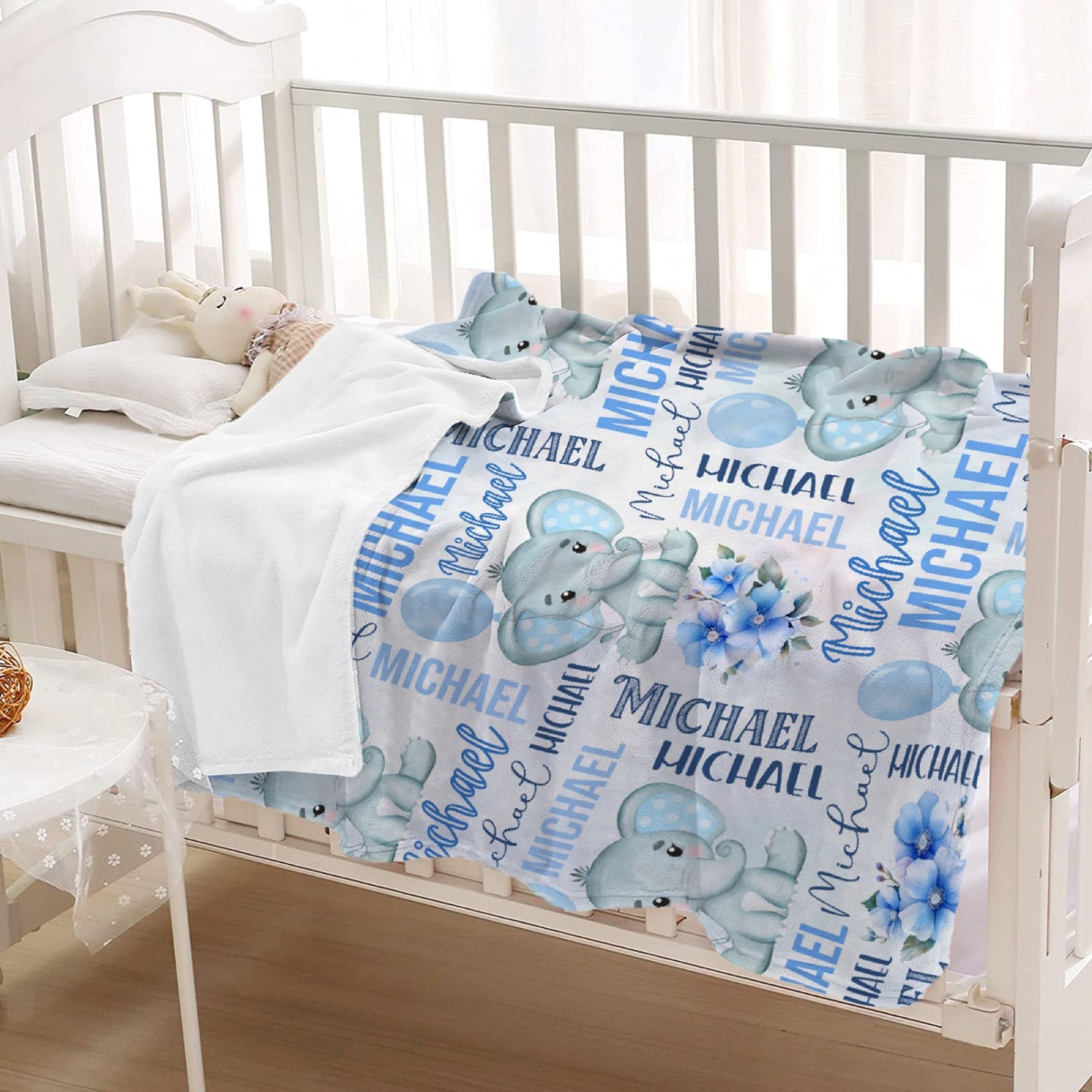 Personalized Baby Blanket - Custom Elephant Design With Name, 30x40 Inch Flannel Swaddle Blanket For Baby Shower Gift