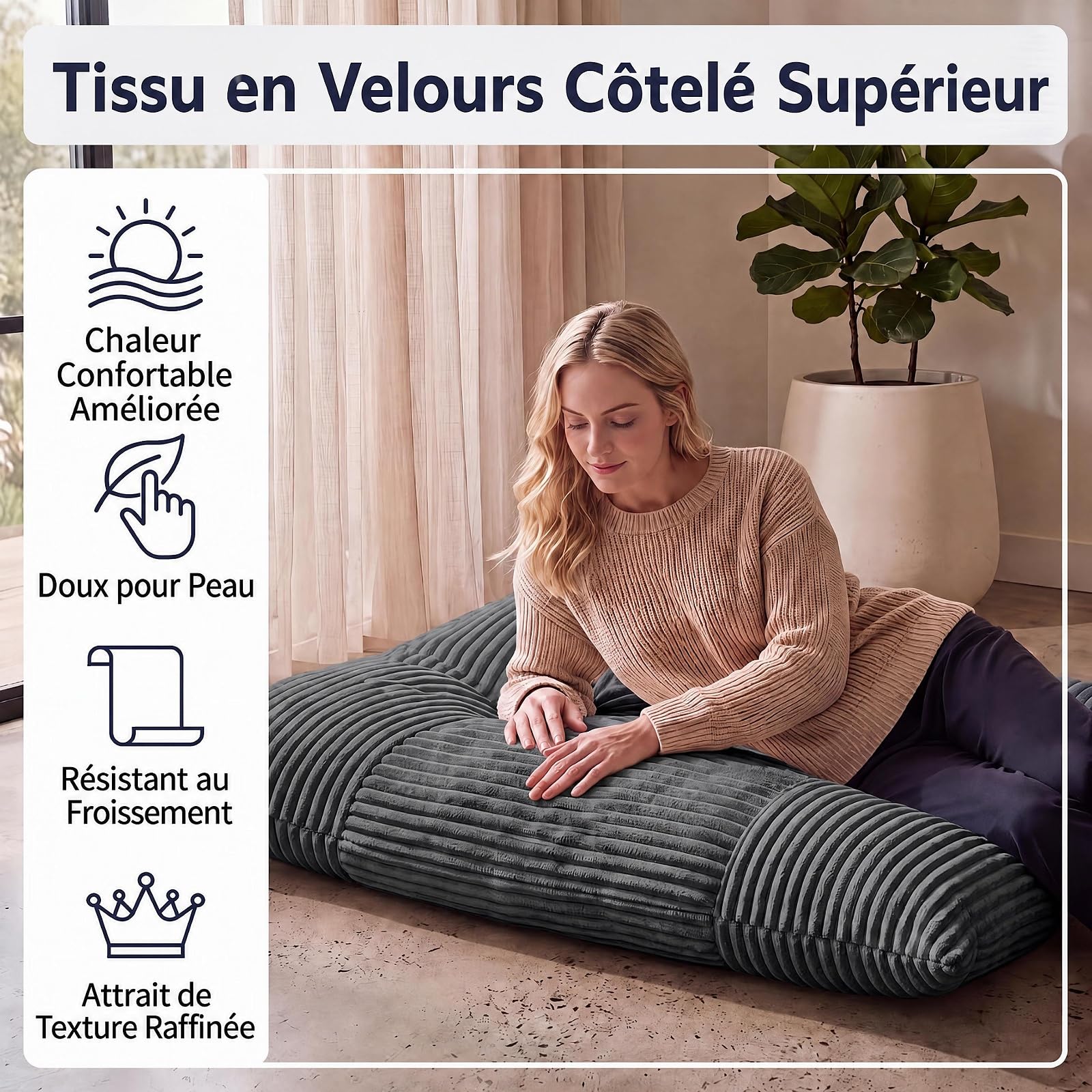 RELAX4LIFE Pouf Géant XXL, Canapé Lit au Sol Moelleux, 194X139 CM, Gris foncé